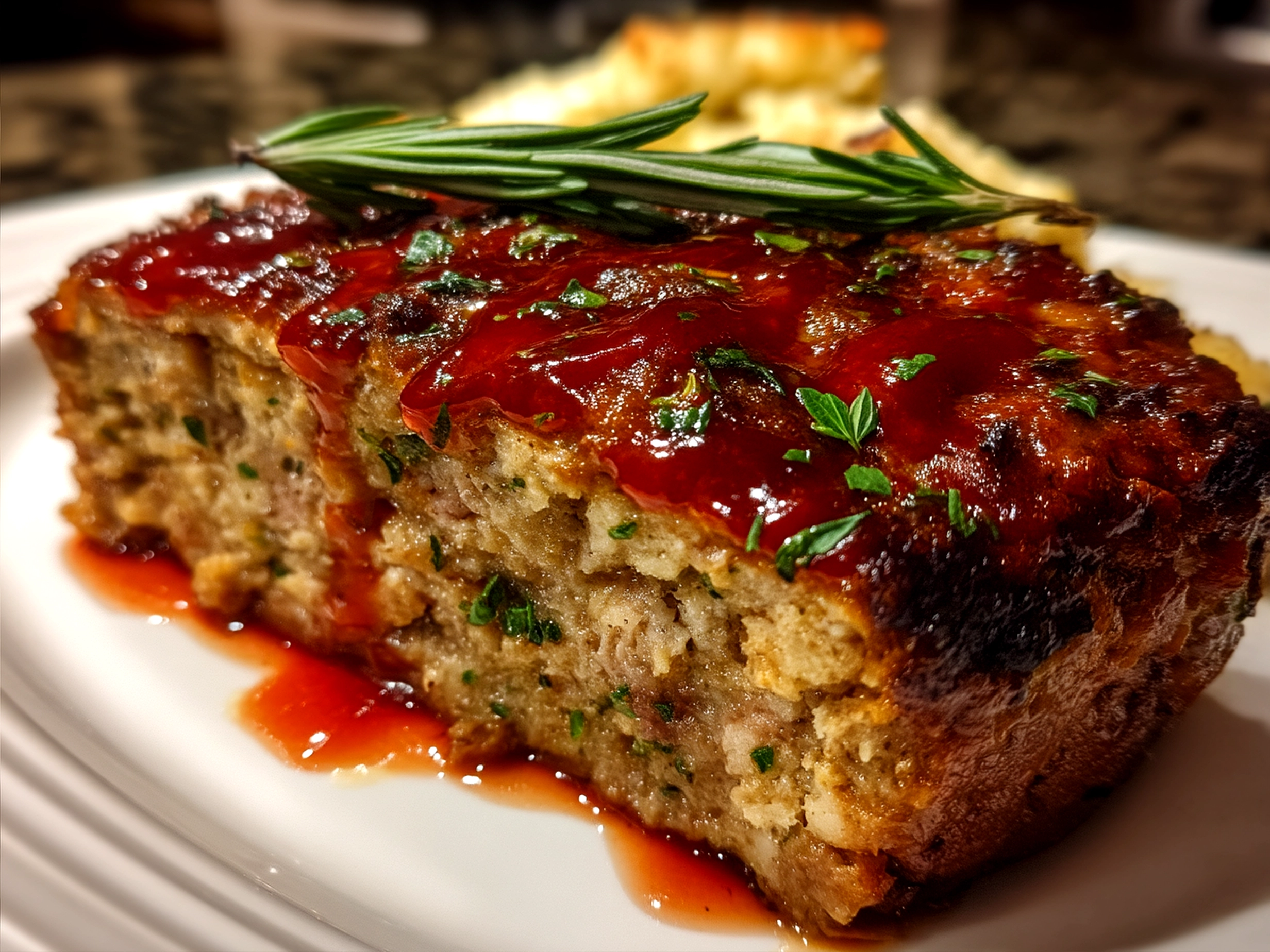 Sliced Classic Meatloaf served with mashed potatoes and green beans