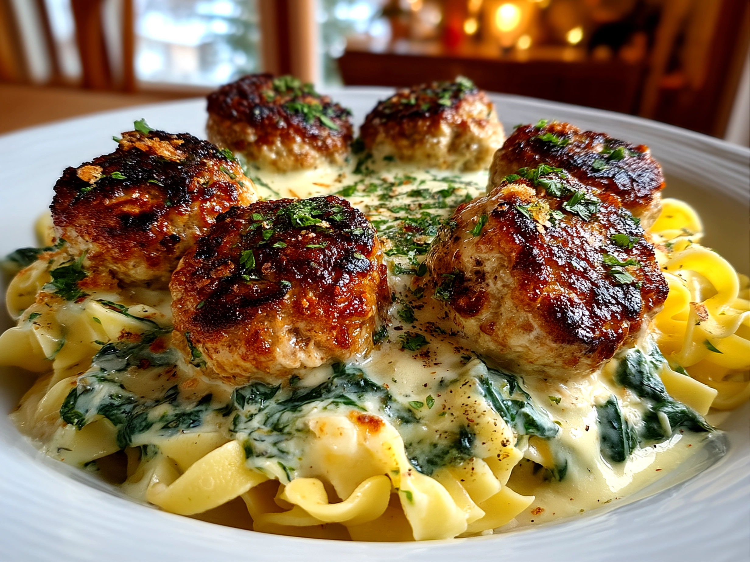 Close up finished baked chicken ricotta meatballs with creamy spinach Alfredo sauce