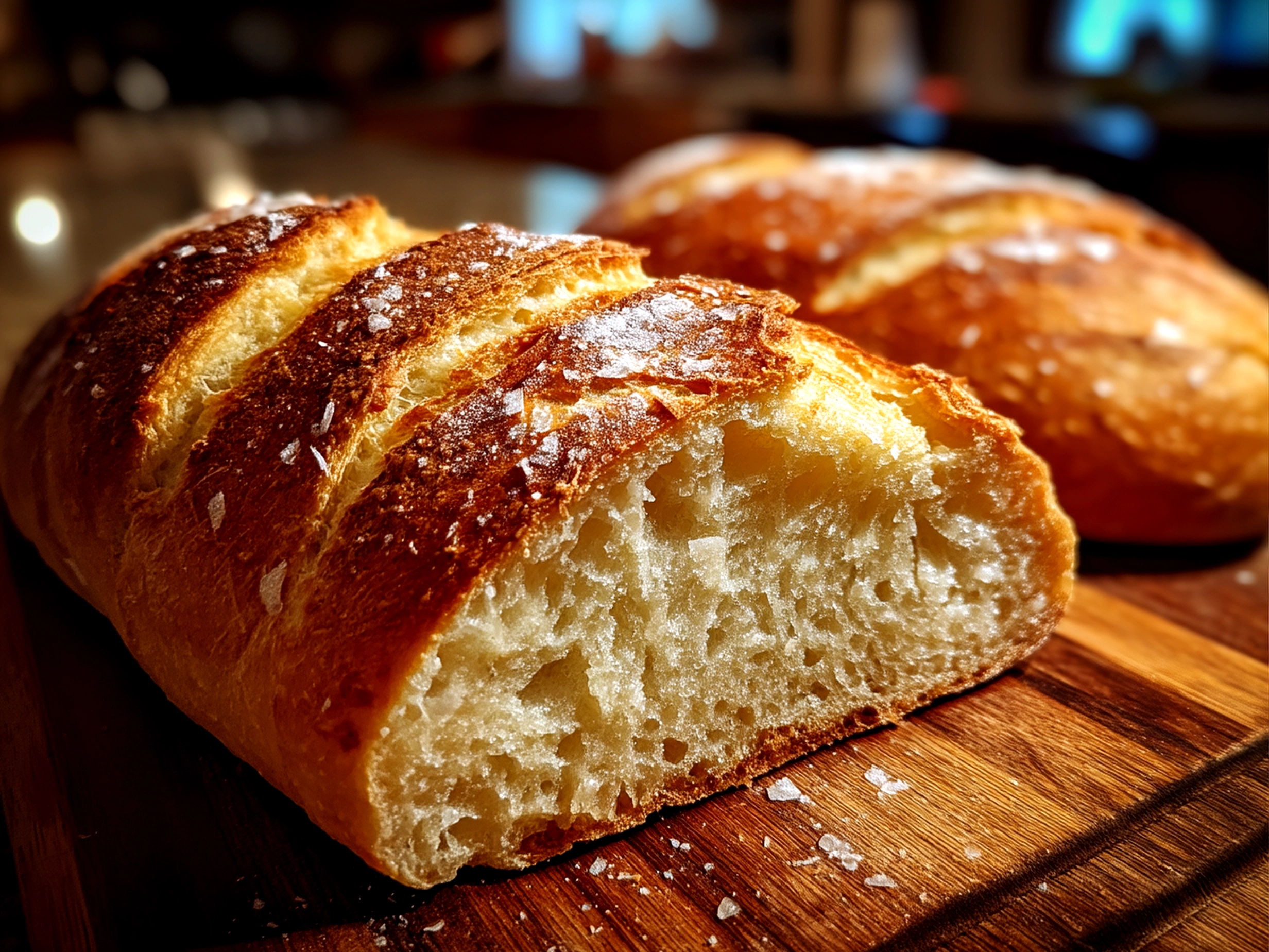 Close-up of a finished homemade Italian bread loaf with golden crust resting on parchment paper