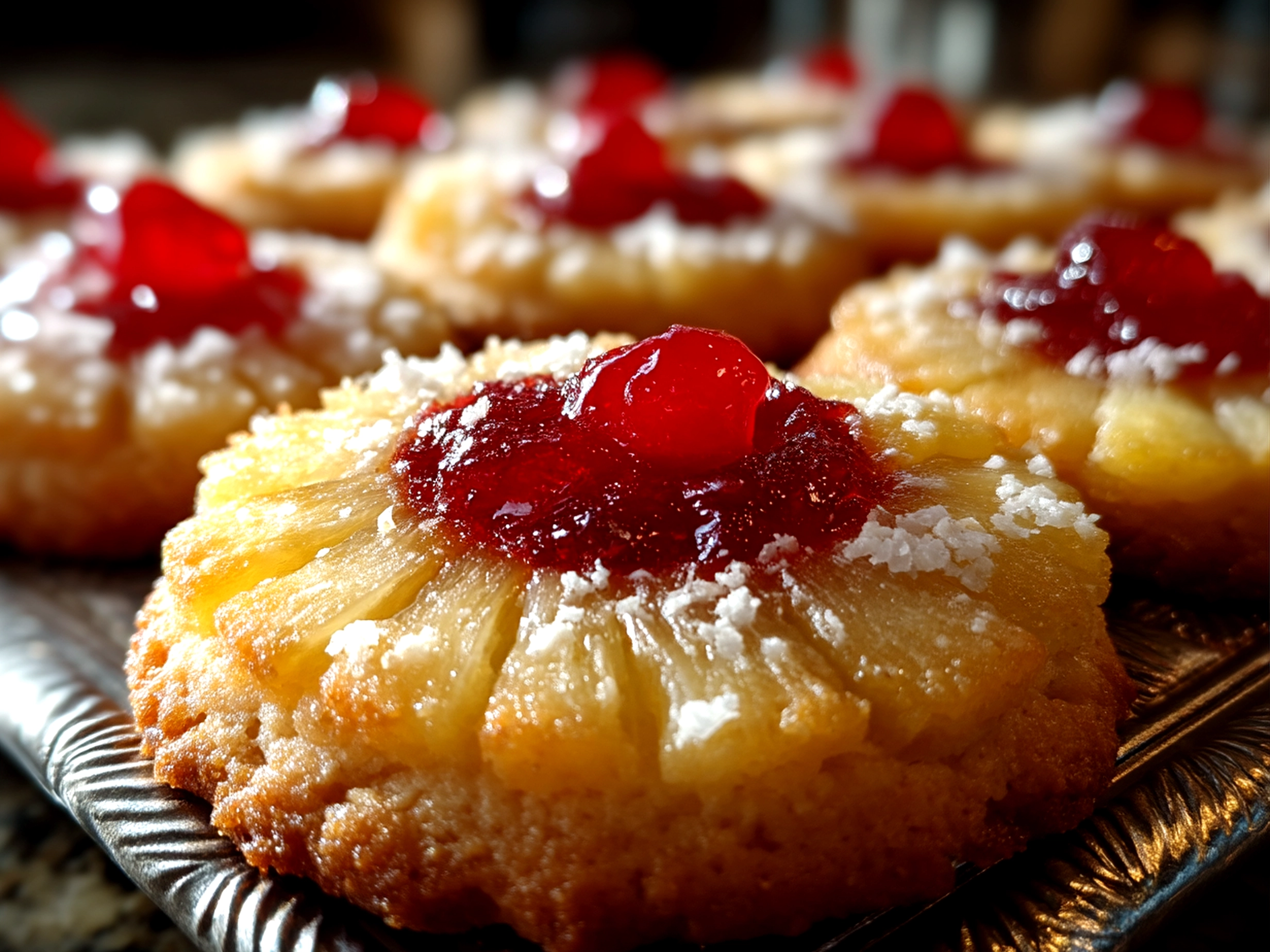 Close-up of finished Pineapple Upside Down Sugar Cookies topped with caramelized pineapple