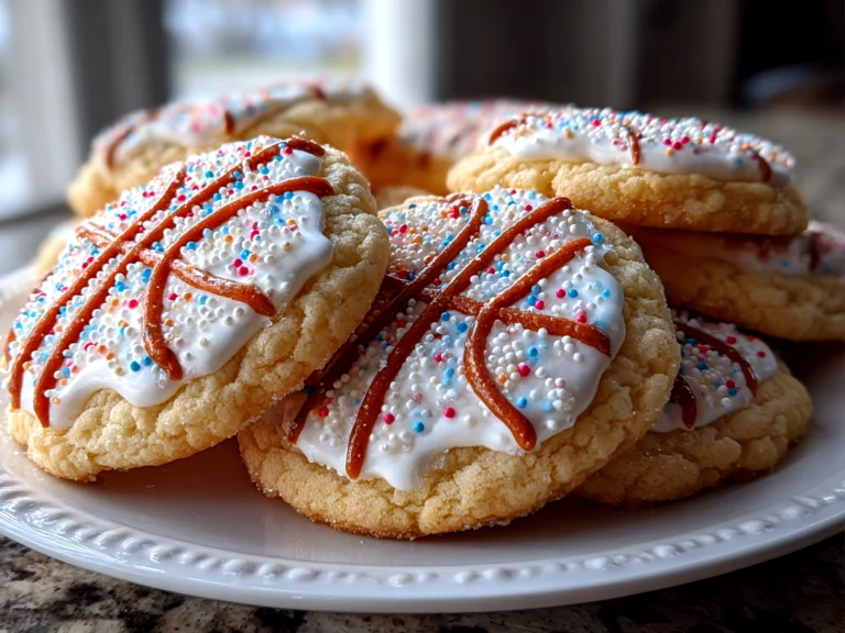 Close-up of homemade basketball sugar cookies on white plate