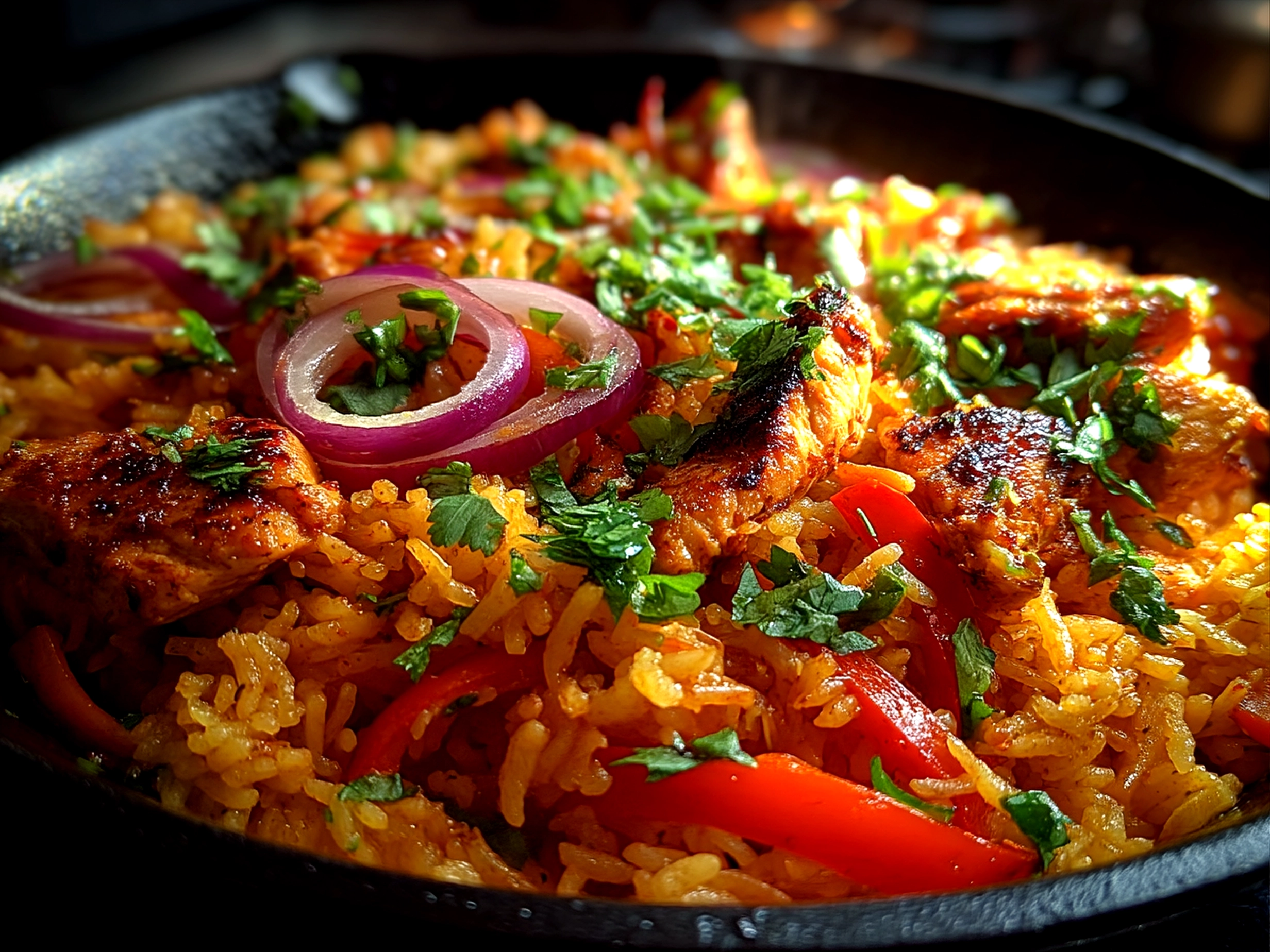 Served colorful Chicken Fajita Rice with lime wedges and fresh cilantro in a bowl