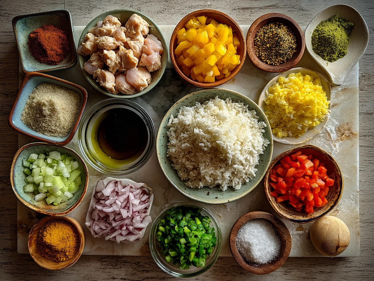 Ingredients for colorful Chicken Fajita Rice showing bell peppers, chicken, onions, rice and spices