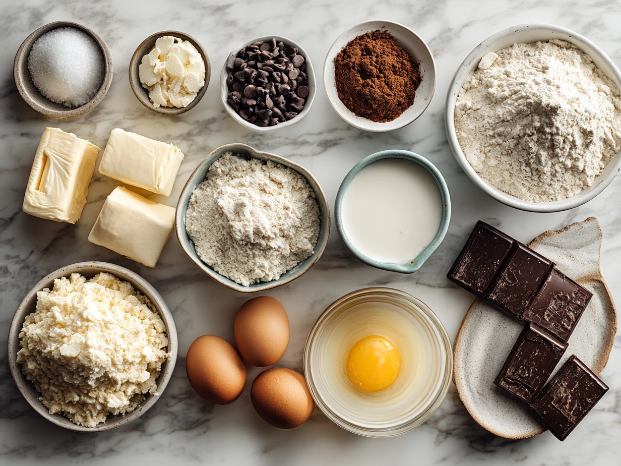 Ingredients for Cookies Cream Skillet Cookie including butter, sugars, eggs, flour, and Oreo cookies
