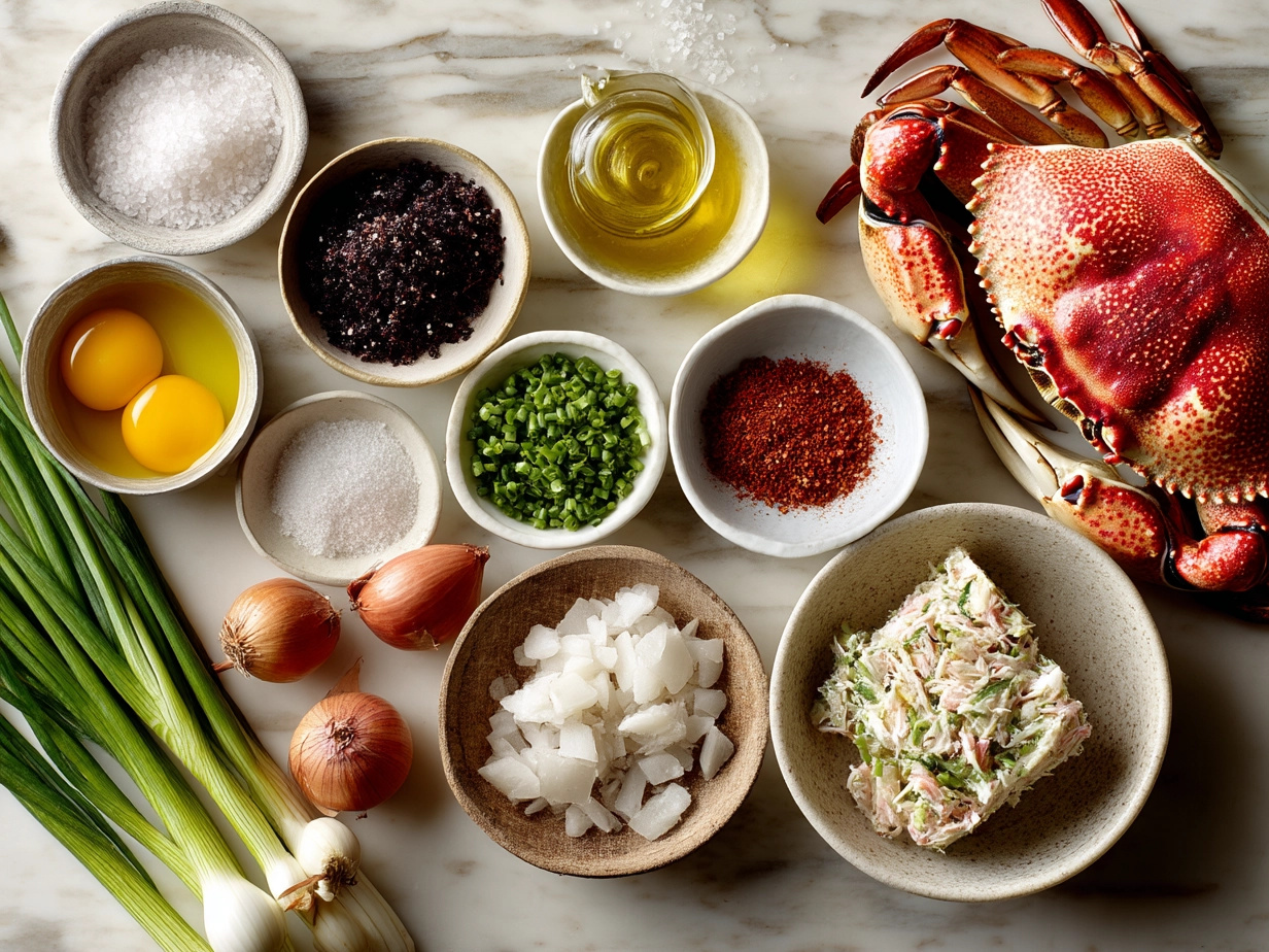 Ingredients for Crab Salad including fresh crab meat, celery, lemon, and herbs