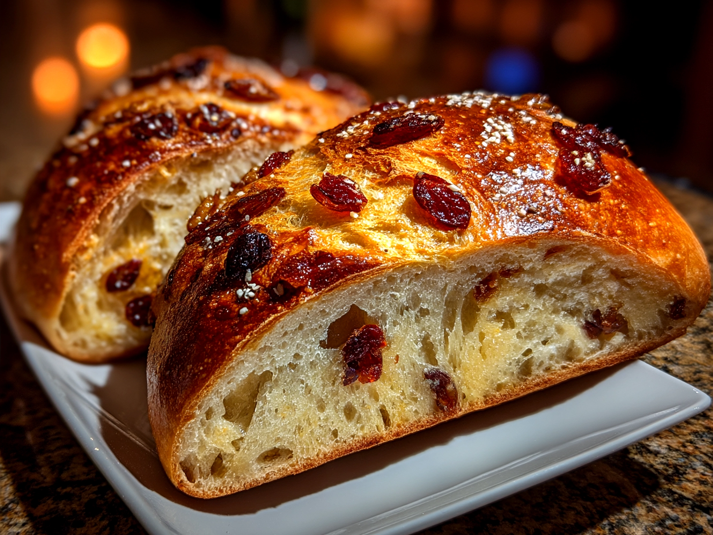 Freshly baked Cranberry Raisin Walnut Cinnamon Artisan Bread loaf sliced ready to serve