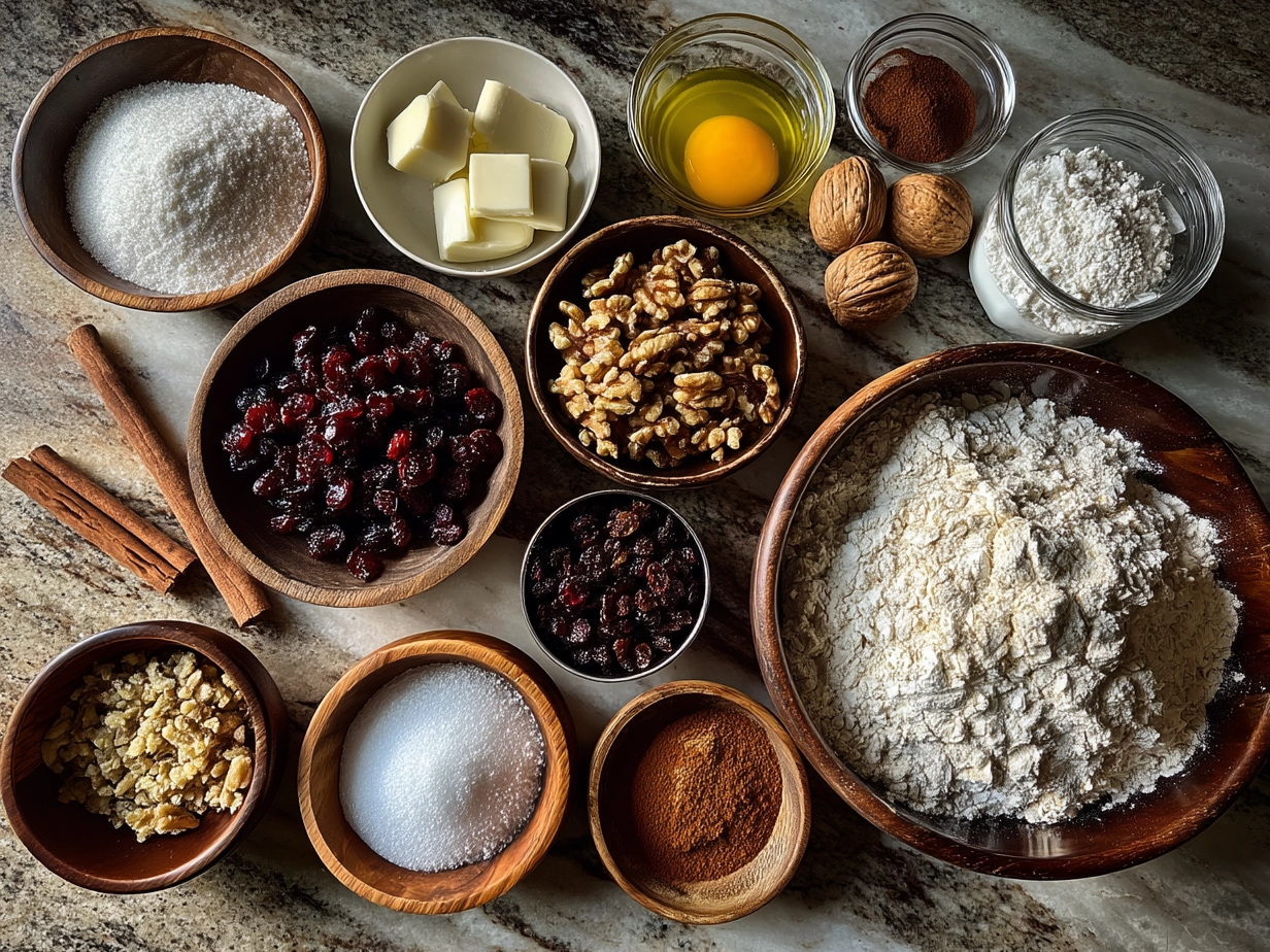Ingredients for Cranberry Raisin Walnut Cinnamon Artisan Bread including flour, dried fruits, walnuts, cinnamon and honey