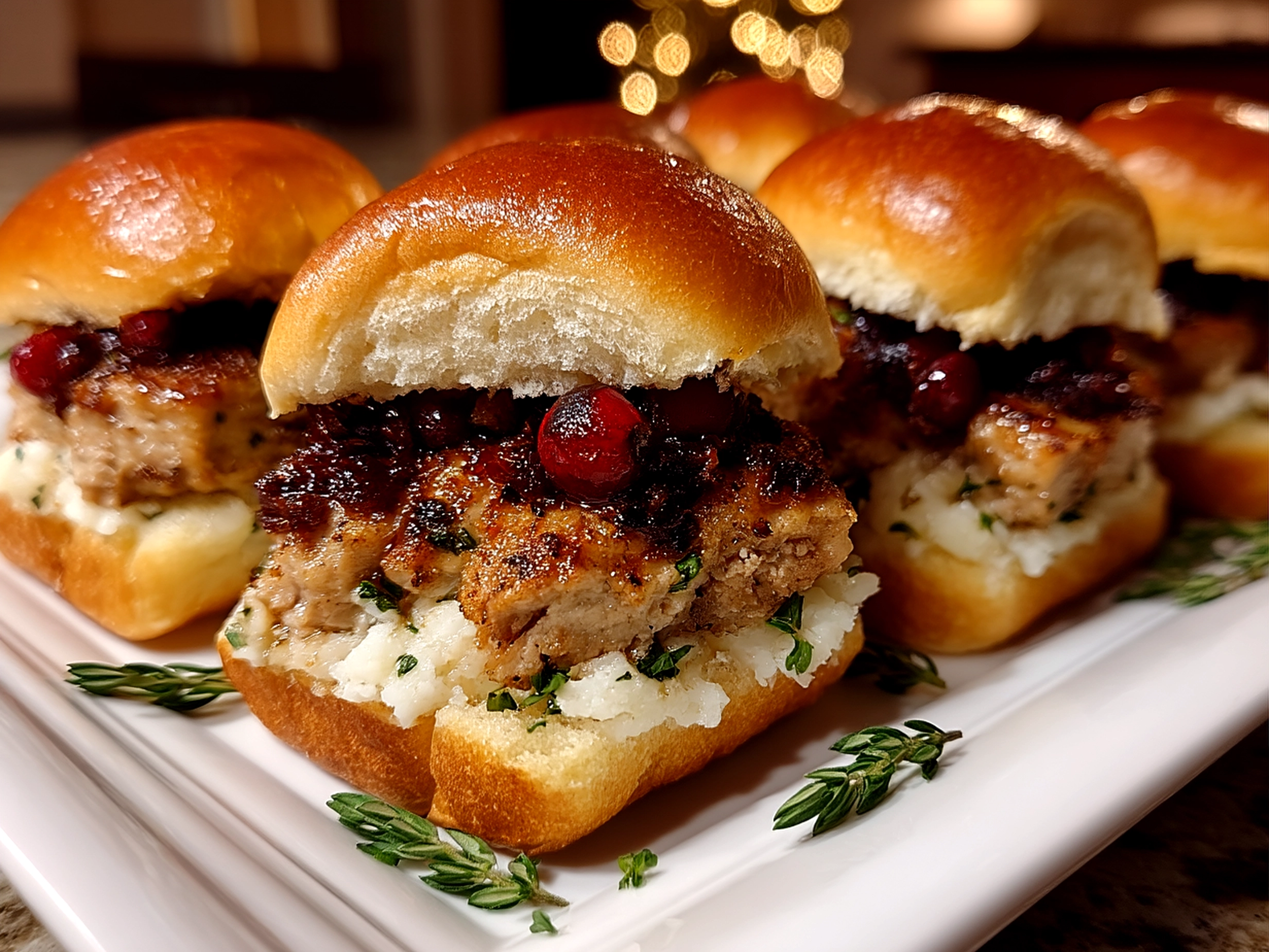 Plated Cranberry Turkey Sliders served with side dishes
