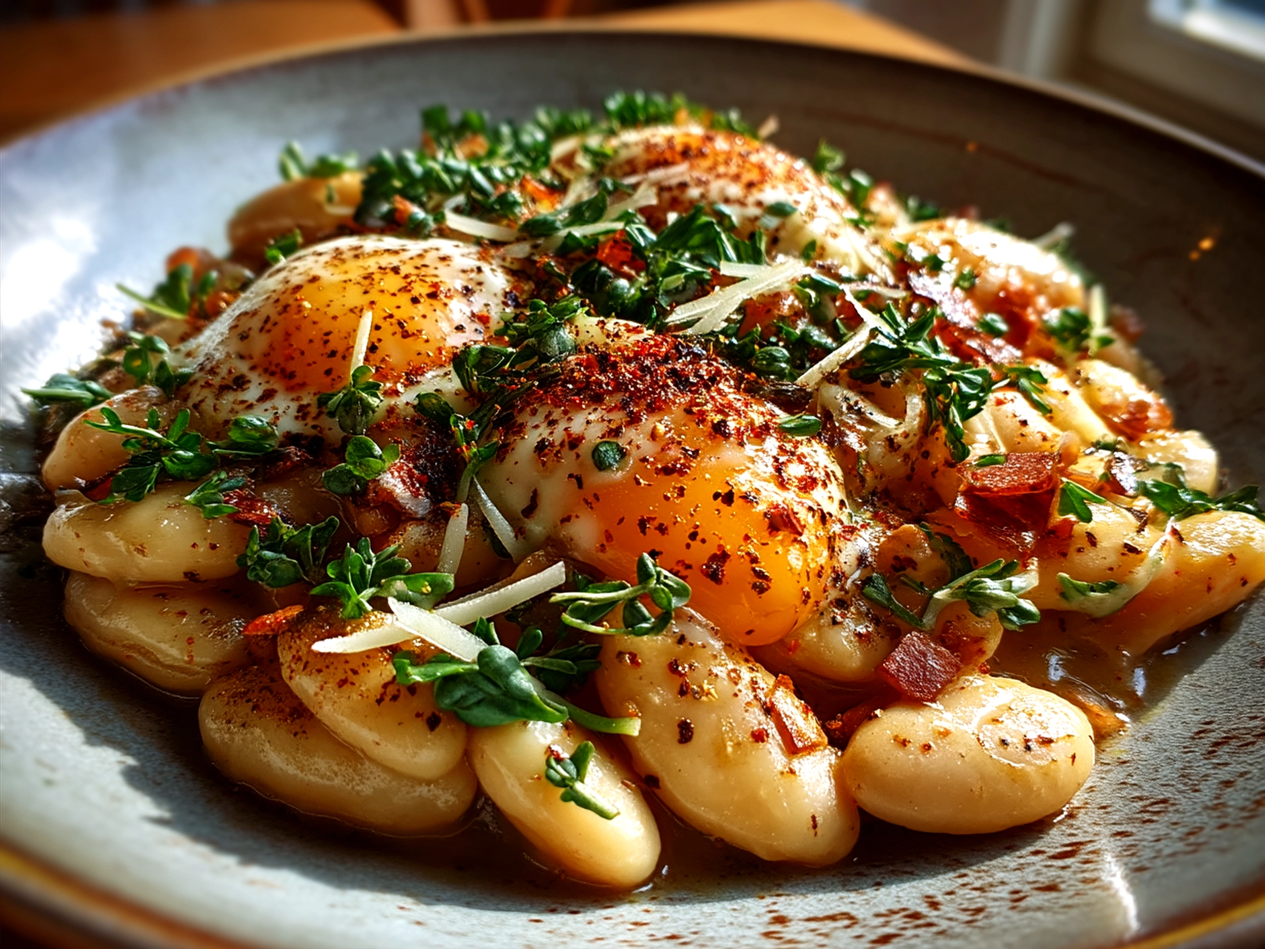 Creamy miso butter beans served in a shallow dish garnished with chopped herbs and scallions