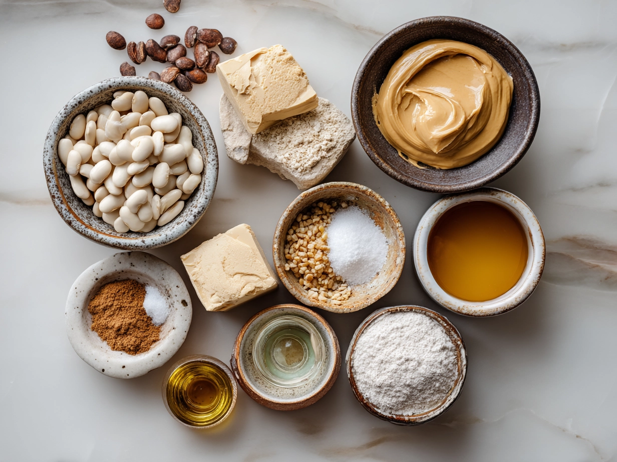Ingredients laid out for making creamy miso butter beans including butter beans, miso paste, butter, garlic, and spices