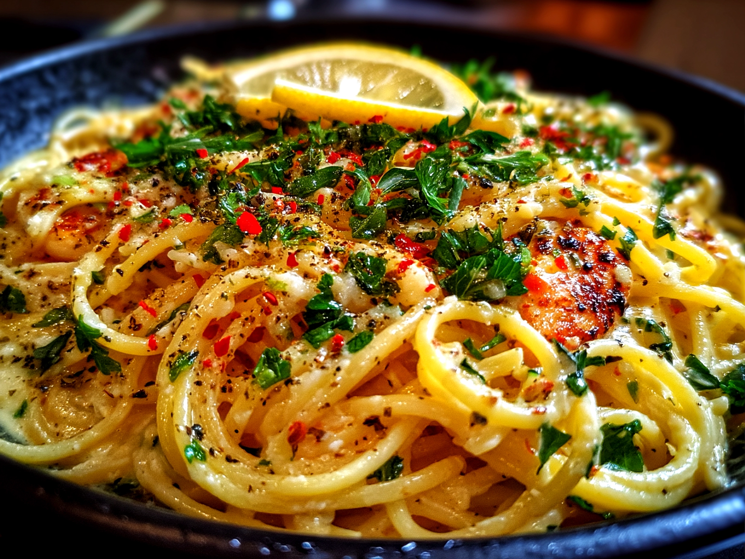 Served creamy roast garlic and lemon pasta sauce garnished with parsley and parmesan, ready to eat