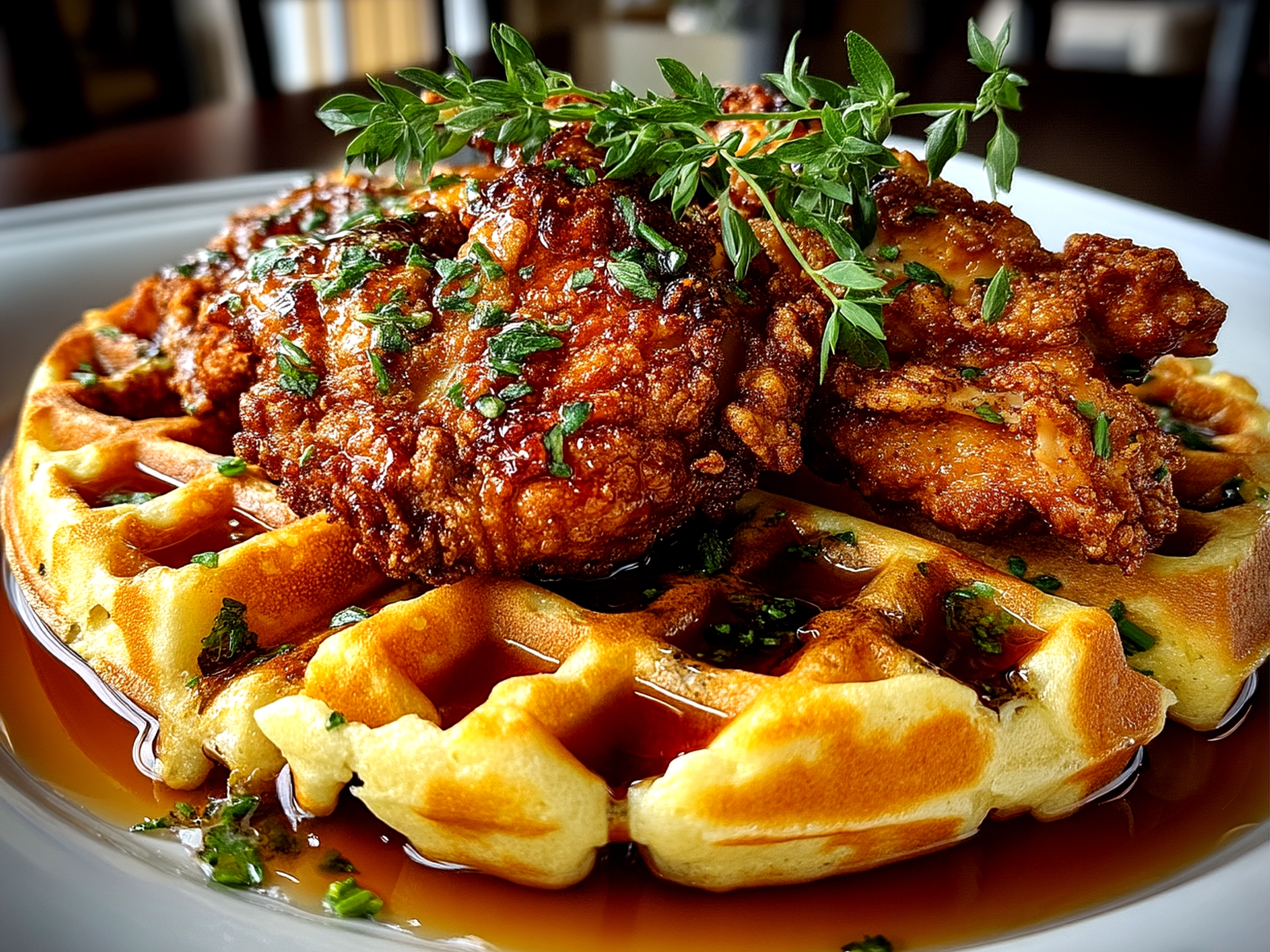 Final plated Crispy Chicken Waffle topped with maple syrup and spicy honey butter