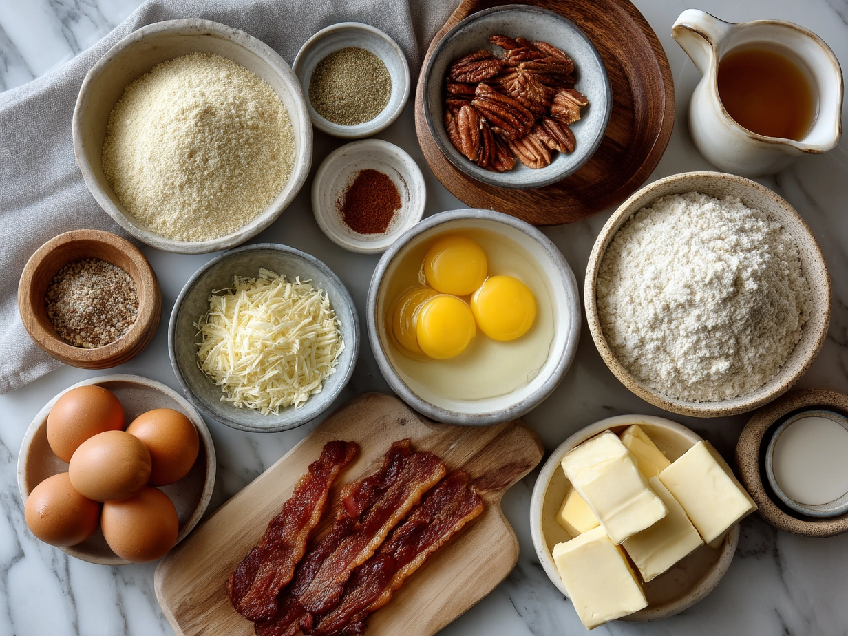 Ingredients for Crustless Bacon Cheese Quiche including eggs, cream, cheese, and bacon