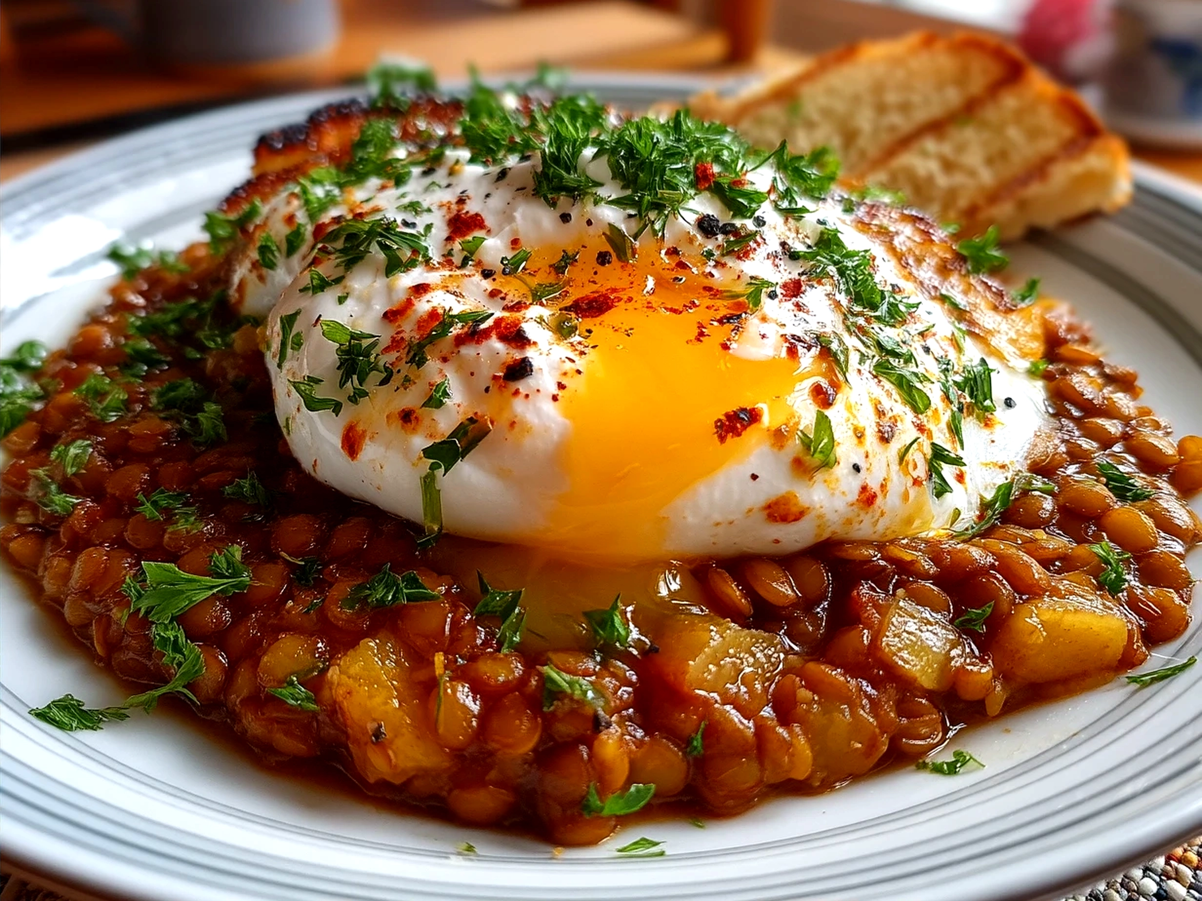 Served Eggcentric lentils with poached egg and yogurt