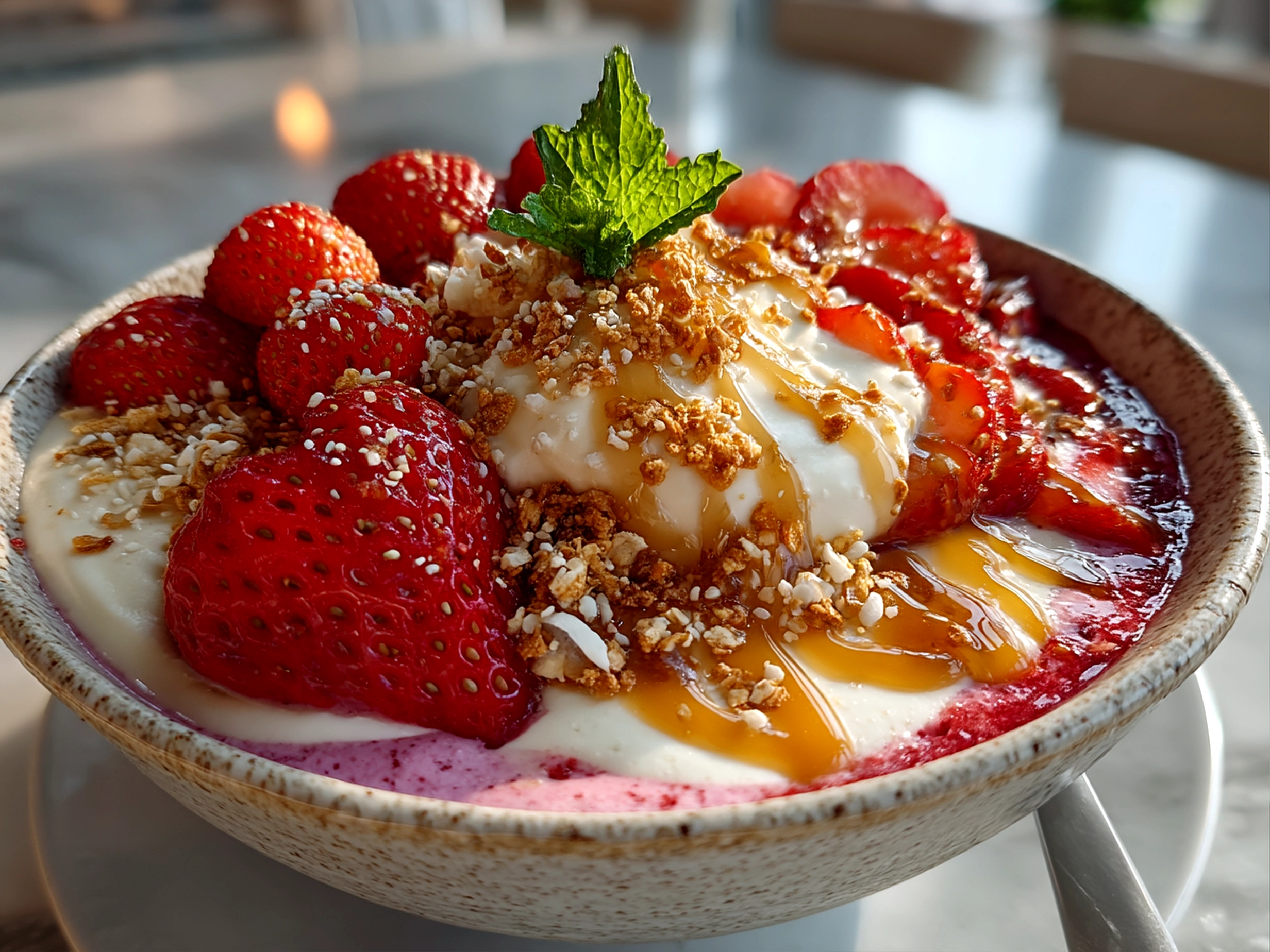 Finished Valentine Breakfast Nice Cream Bowl with vibrant toppings including kiwi and granola