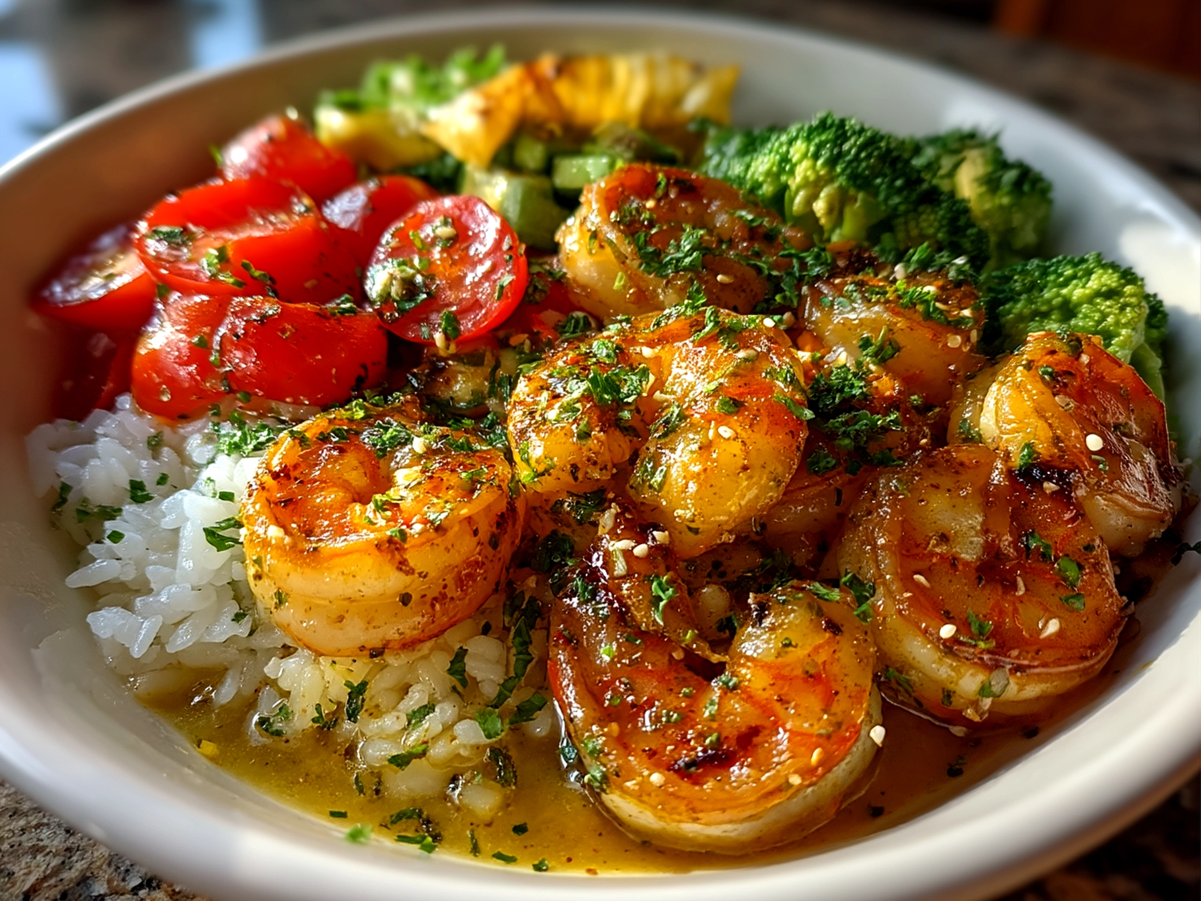 Finished beautifully plated Shrimp Scampi Nourish Bowl