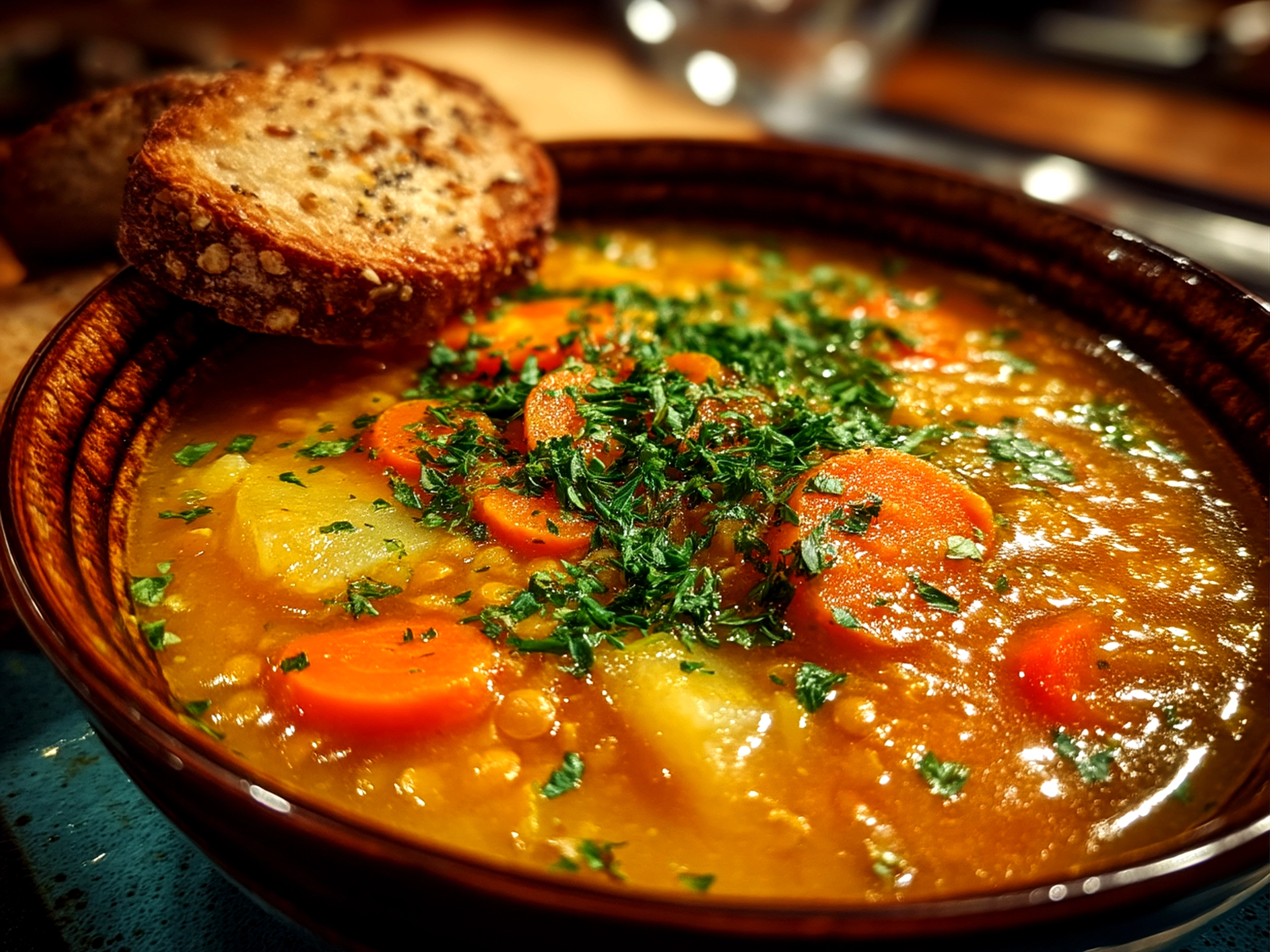 Close-up of finished Carrot and Lentil Soup served in a bowl with garnish