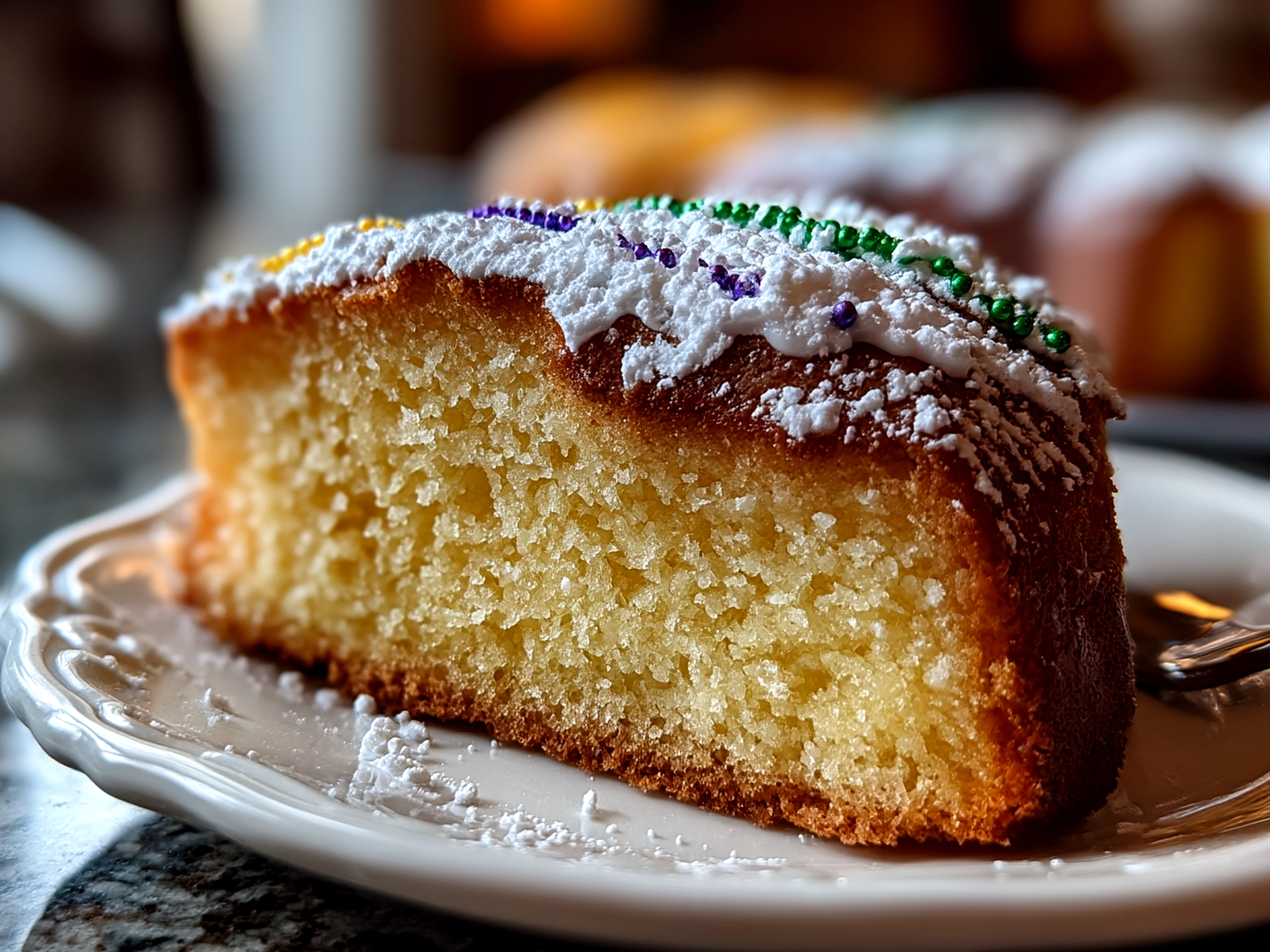 Finished Mardi Gras King Cake with colorful sugar topping