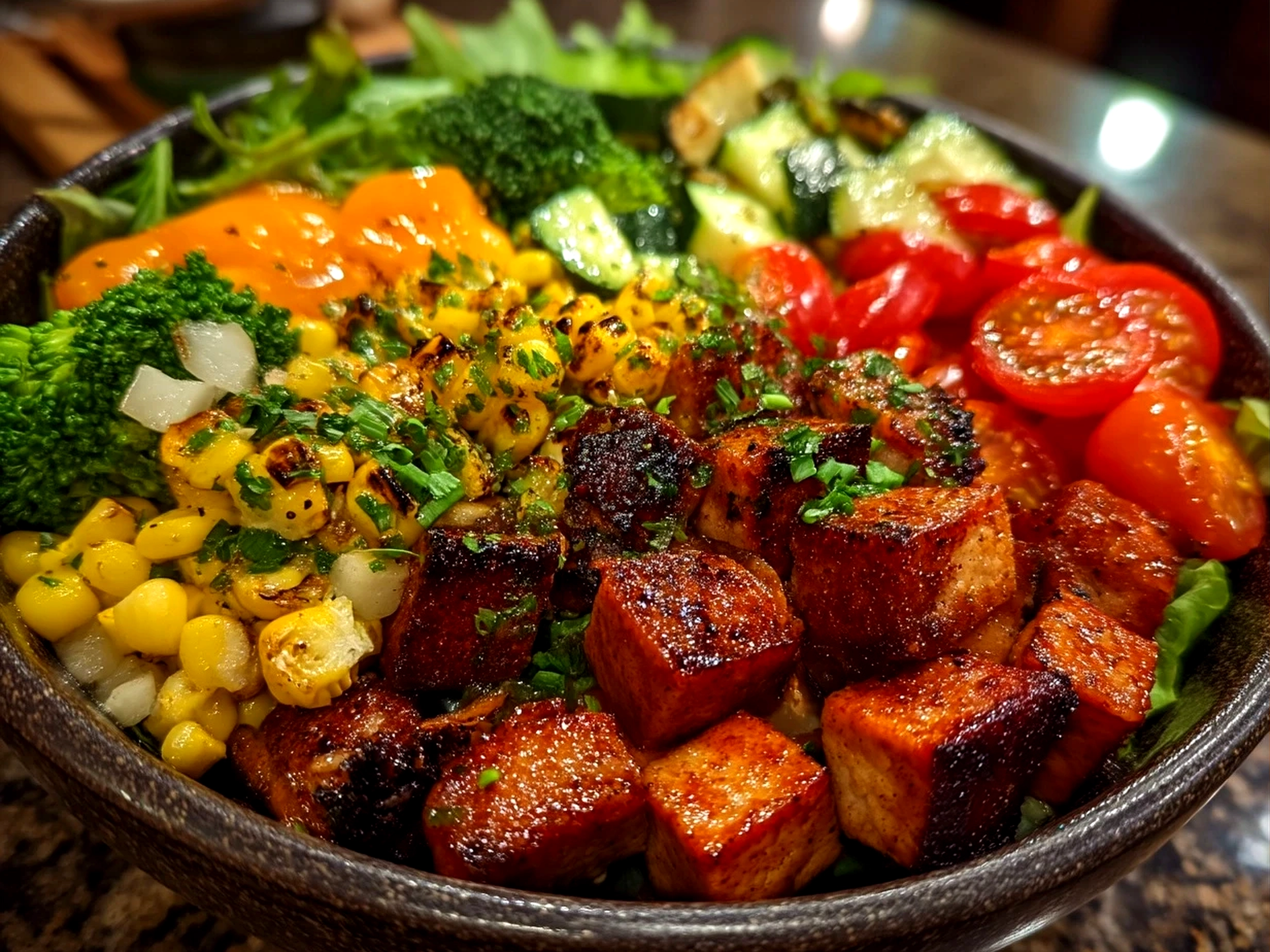 Close-up of finished Superbowl Food Nourish Bowl with chicken, avocado, shredded cabbage, and pepitas