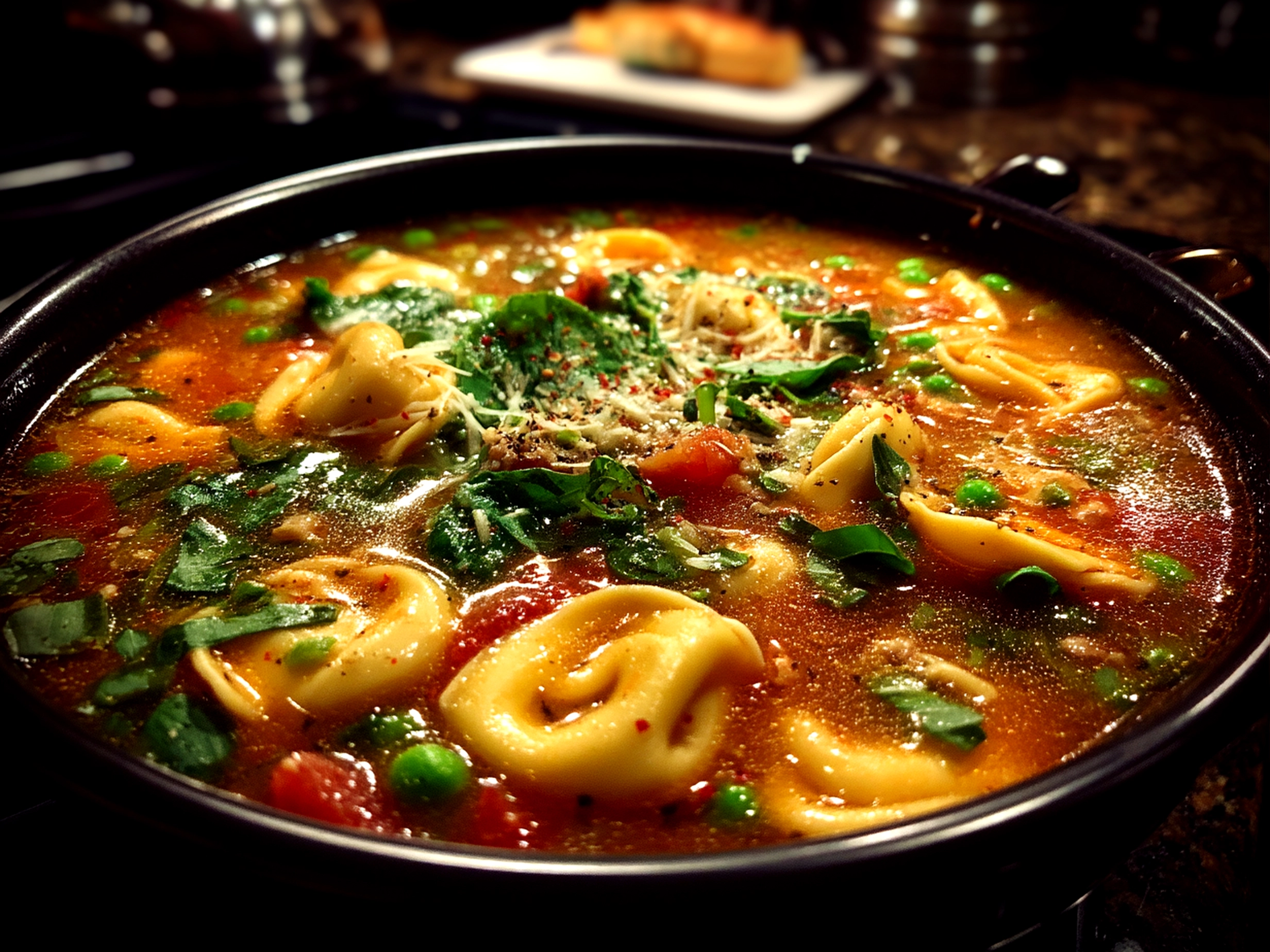 A bowl of freshly served creamy Tortellini Soup garnished with Parmesan and herbs