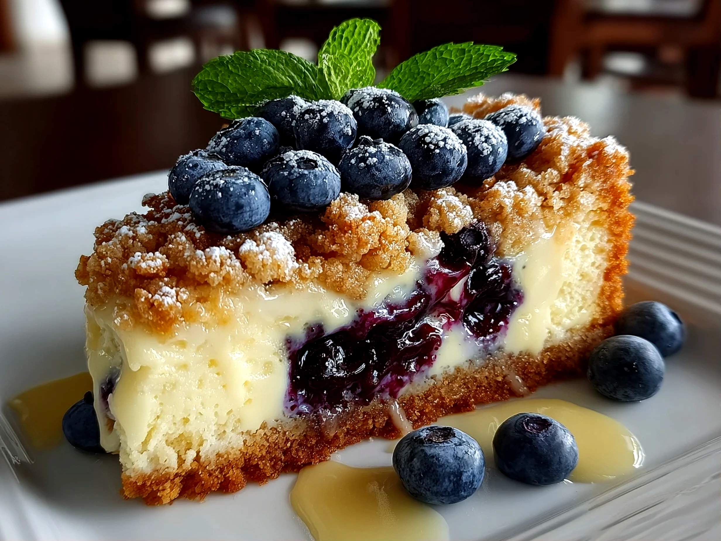Freshly baked blueberry crumb cake close up