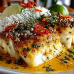 Freshly prepared Coconut Curry Baked Cod on white plate