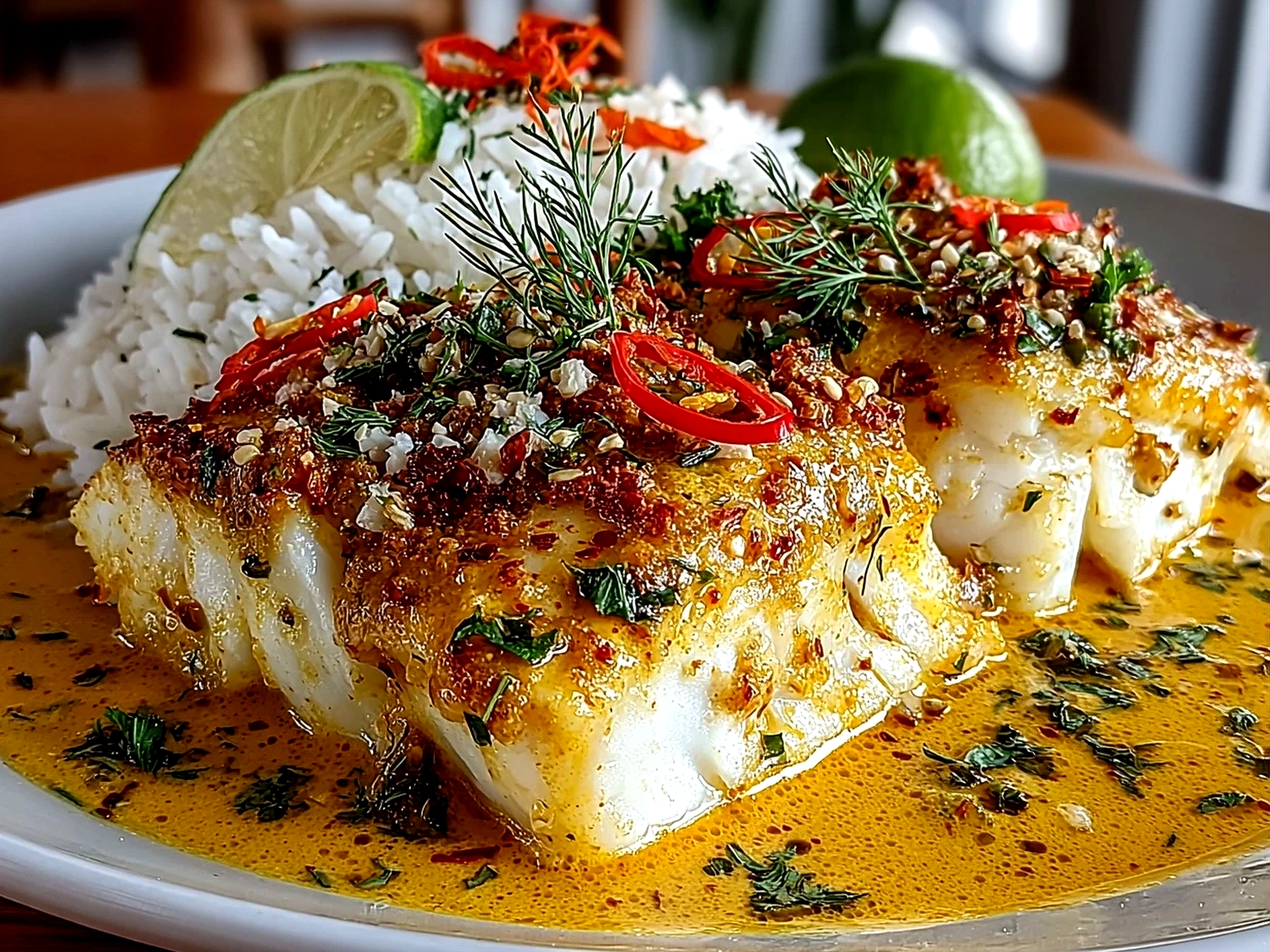 Freshly prepared Coconut Curry Baked Cod on white plate