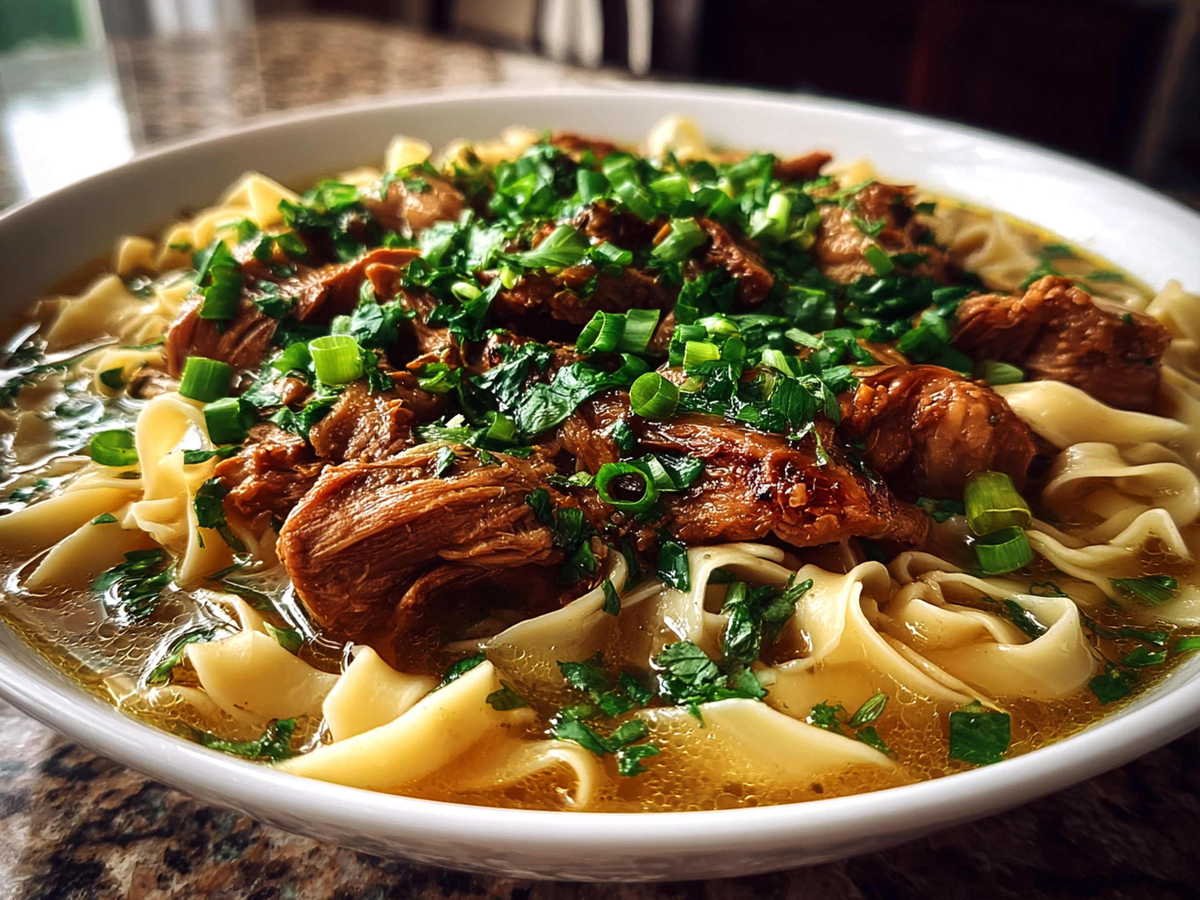 Freshly prepared Ginger Scallion Chicken Noodle Soup