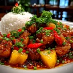 Freshly prepared Pineapple Chicken on clean counter