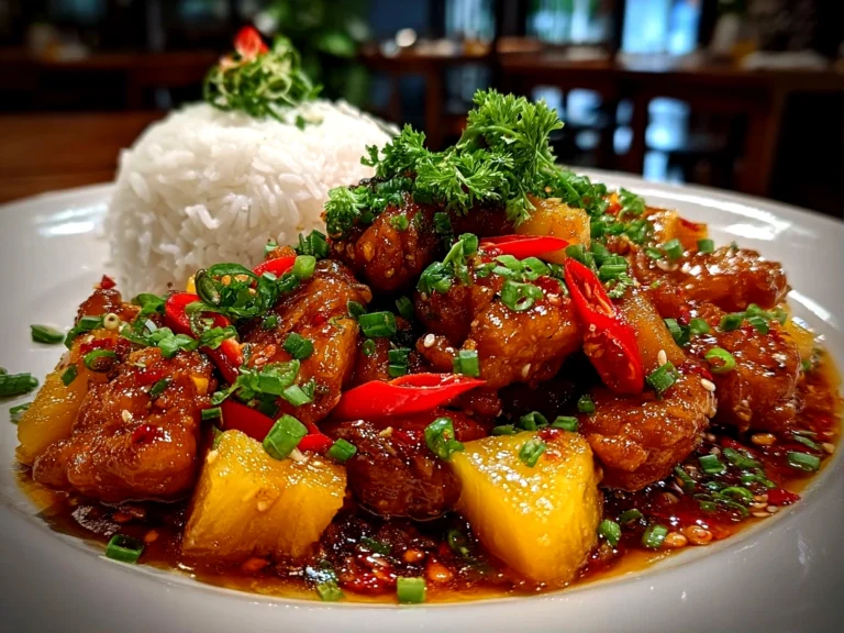 Freshly prepared Pineapple Chicken on clean counter