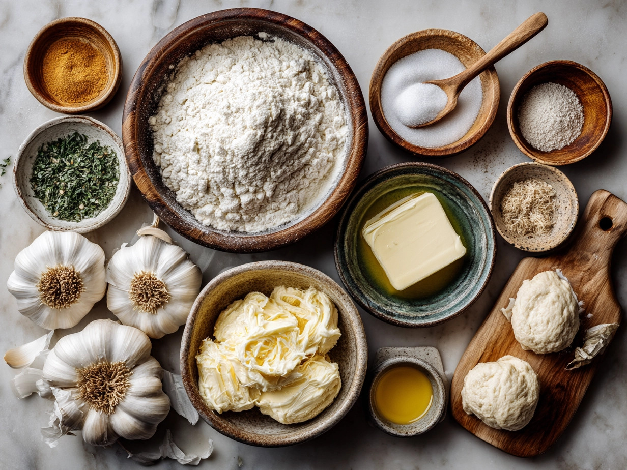 Ingredients laid out for Garlic Butter Dinner Rolls including flour, milk, eggs, garlic and butter