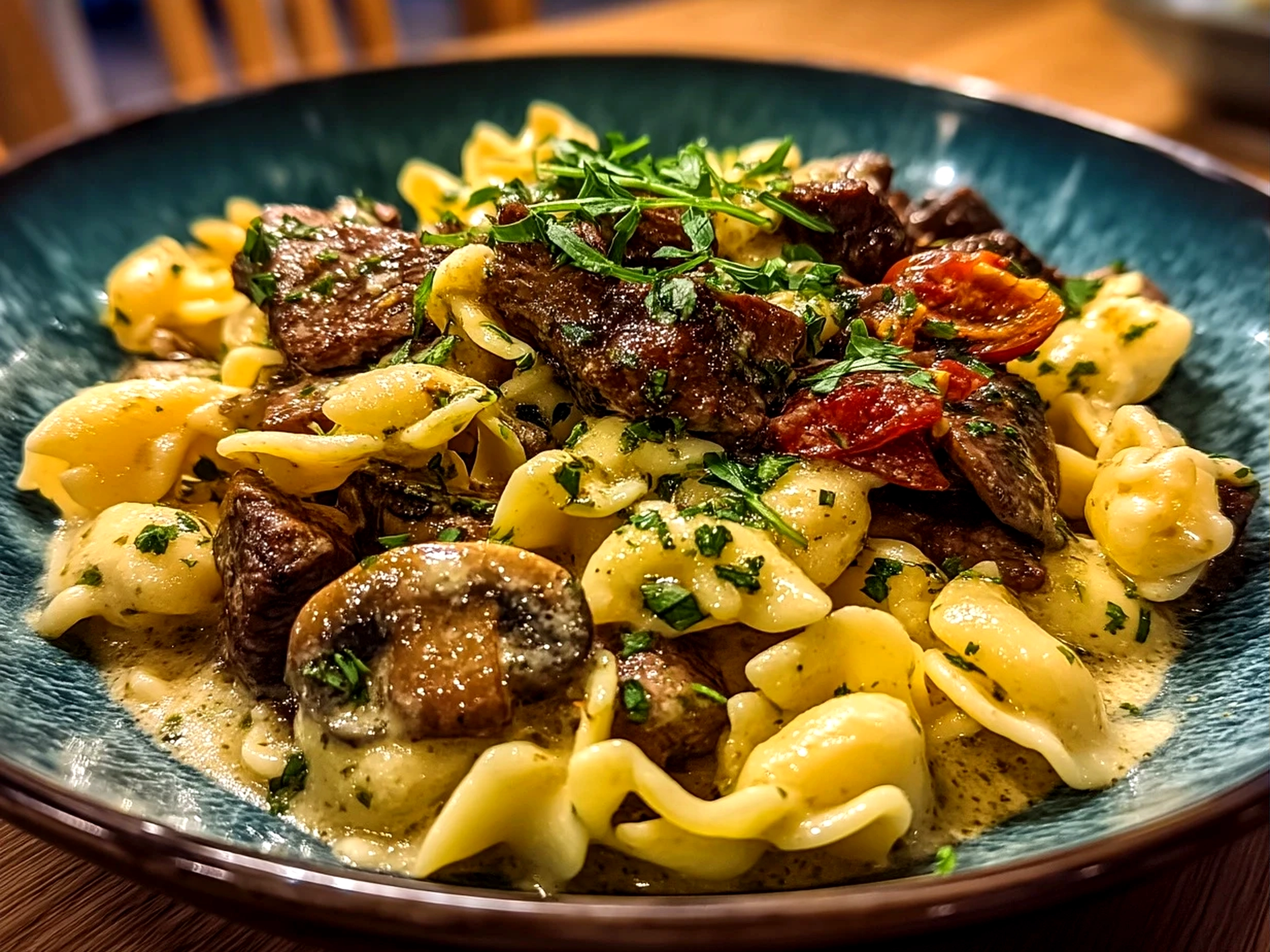 Gordon Ramsay Beef Stroganoff served over buttered egg noodles with fresh parsley garnish