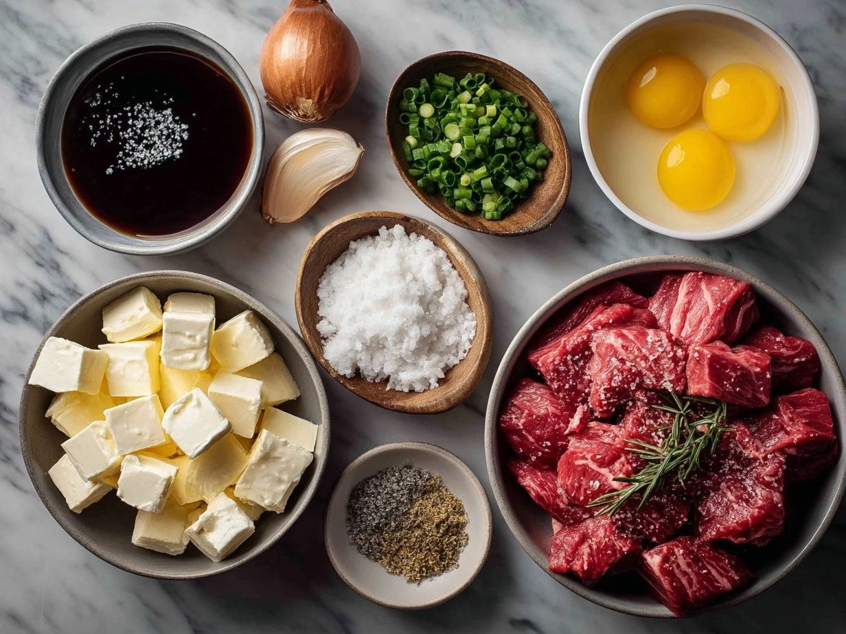 Ingredients for Gordon Ramsay Beef Stroganoff laid out on a table