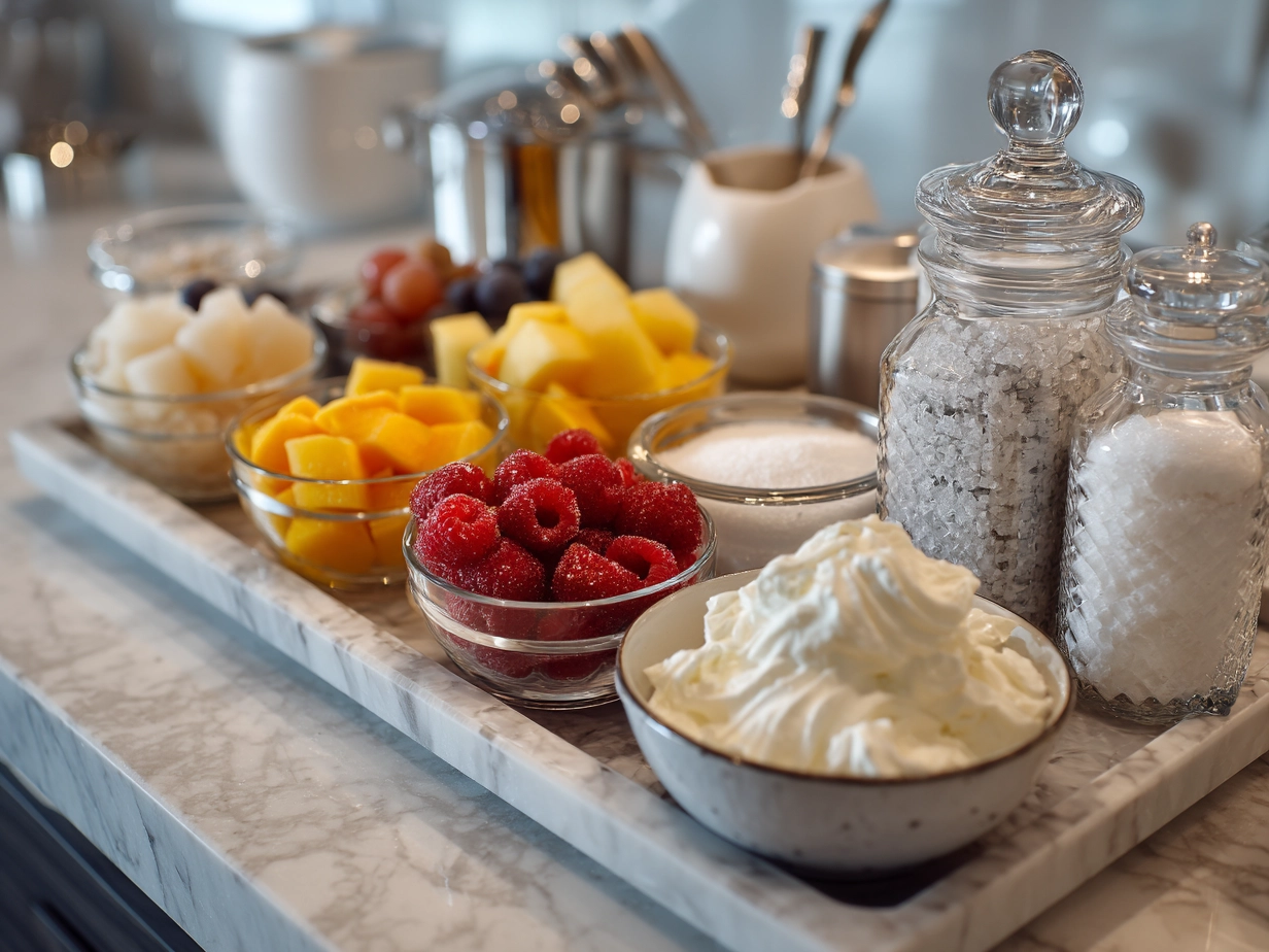 Ingredients for Greek Yogurt Jello Fluff laid out on a table