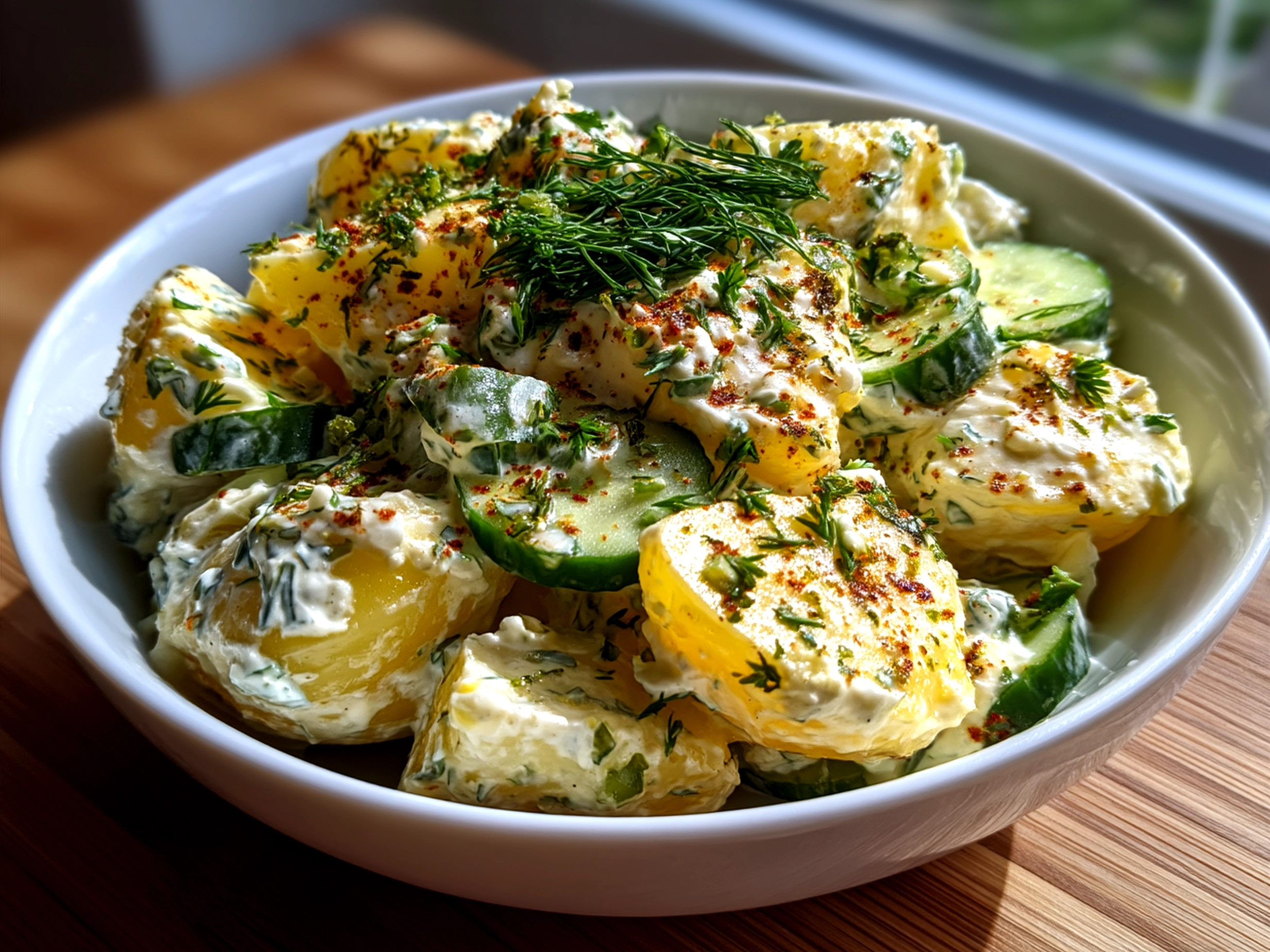 A bowl of creamy Greek Yogurt Potato Salad with Cucumbers garnished with fresh dill and cucumber slices