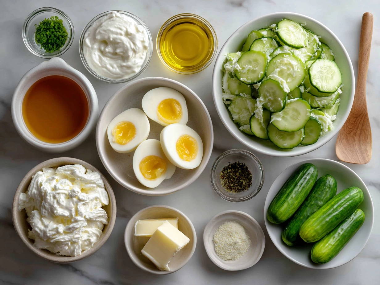 Ingredients for Greek Yogurt Potato Salad with Cucumbers including potatoes, Greek yogurt, cucumber, dill, lemon, garlic, red onion, olive oil, and capers