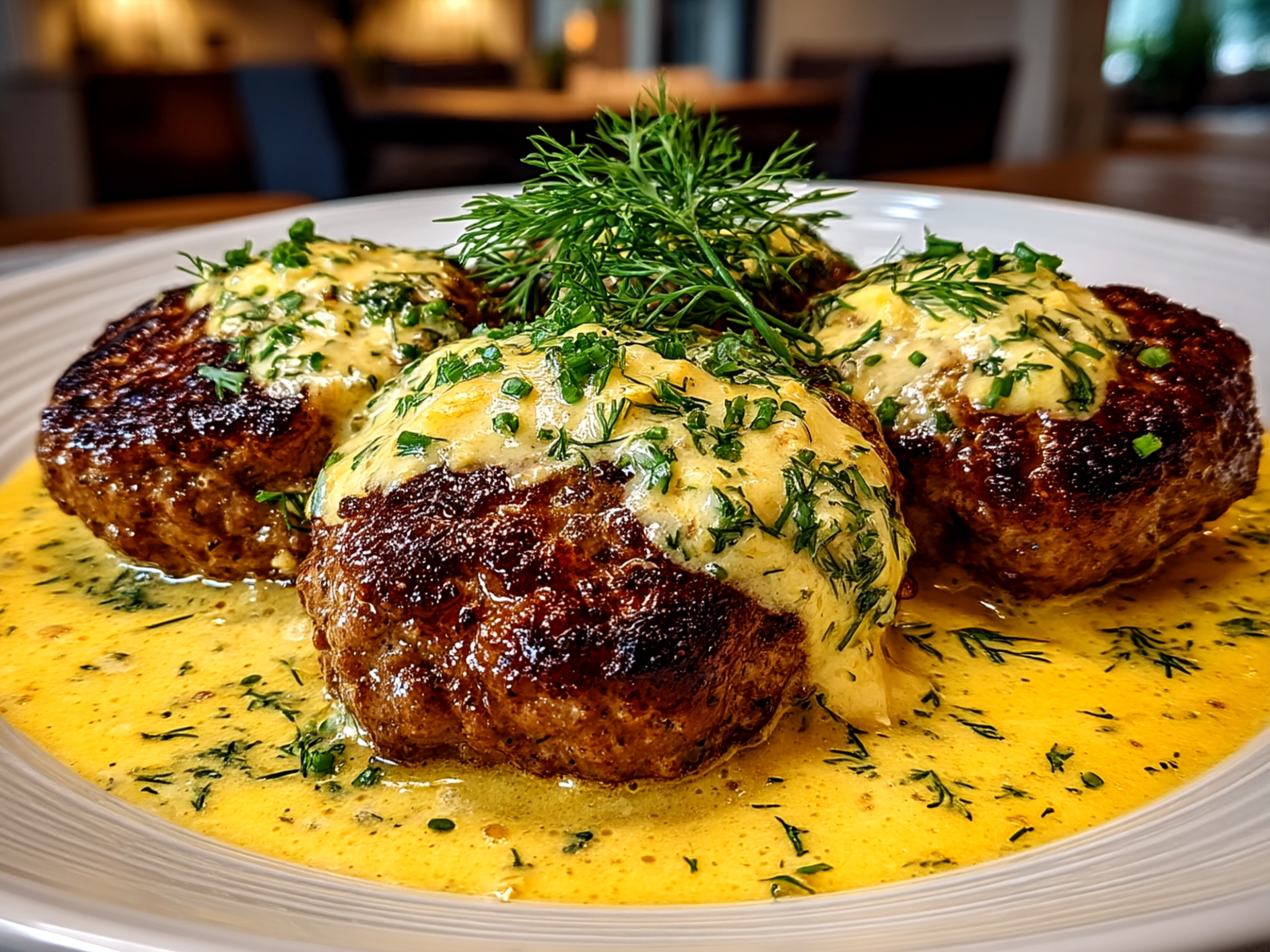 Served Hamburger Steaks in Creamy Dill Sauce on a plate