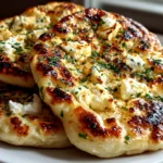 Home Cook, taken with iPhone 14. Close-up slight angle of delicious garlic cottage cheese naan on white plate. Fresh vibrant --ar 4:3 --style raw --s 230