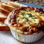 Home Cook, taken with iPhone 14. Close-up slight angle of freshly prepared Dutch Oven French Onion Soup on white plate. Rich inviting --ar 4:3 --style raw --s 230