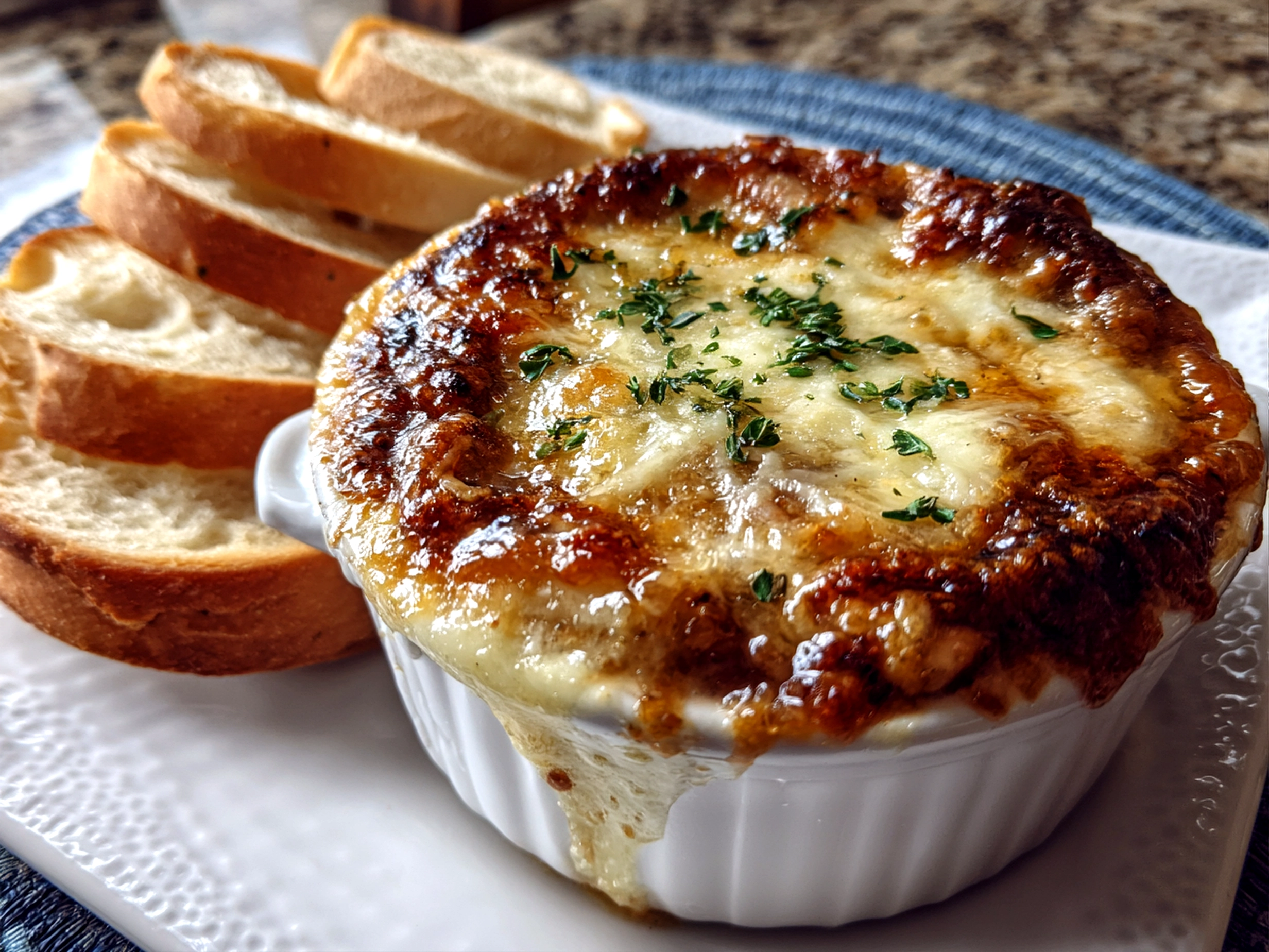 Home Cook, taken with iPhone 14. Close-up slight angle of freshly prepared Dutch Oven French Onion Soup on white plate. Rich inviting --ar 4:3 --style raw --s 230