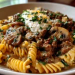 Home Cook, taken with iPhone 15 Pro. Close-up slight angle of comforting Ground Beef Stroganoff on white plate. Hearty comforting --ar 4:3 --style raw --s 235