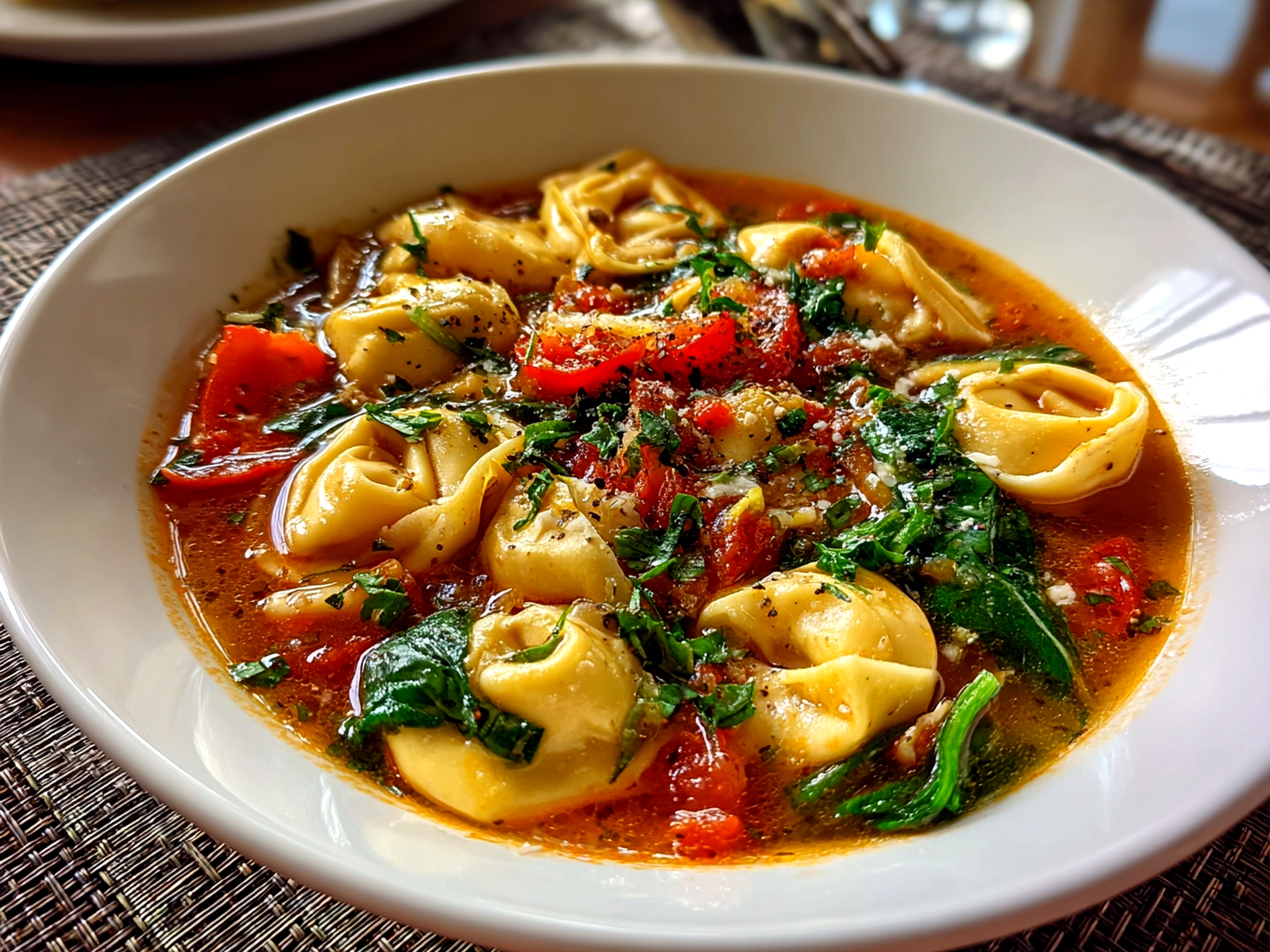 Homemade Tortellini Soup Close-up