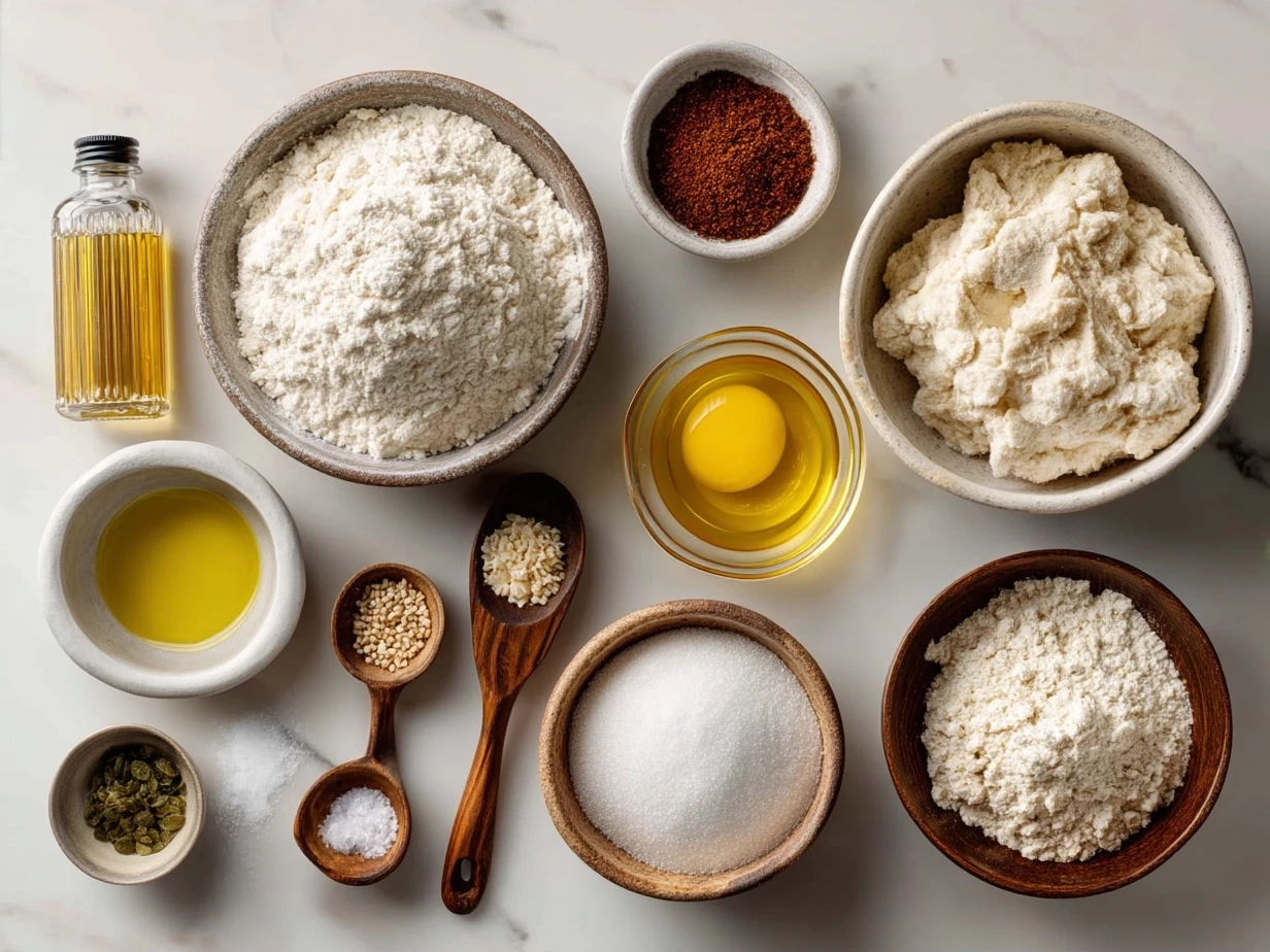 Ingredients for Homemade Bread including bread flour, salt, sugar, yeast, water, and olive oil