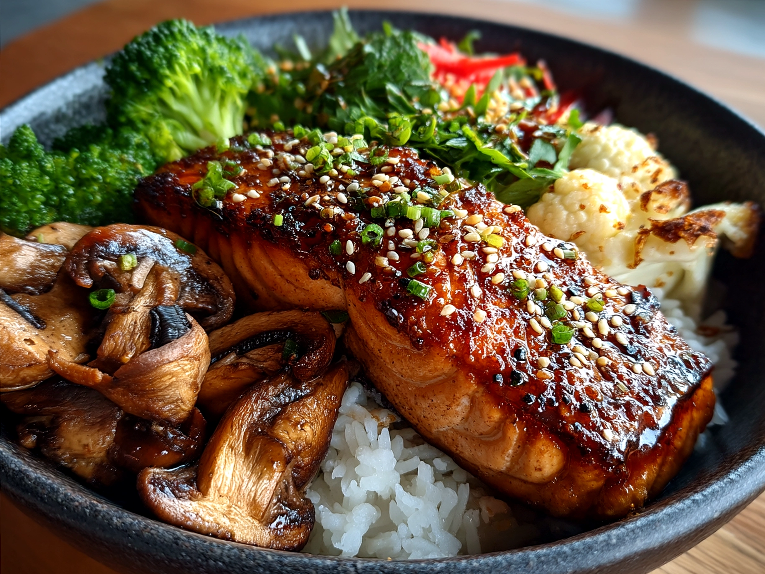 Honey Glazed Salmon Bowl served in a bowl with rice, steamed broccoli, green onions, and sesame seeds