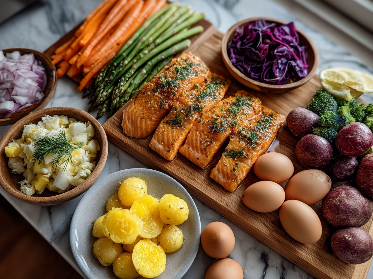 Ingredients for Honey Glazed Salmon Bowl laid out on a table