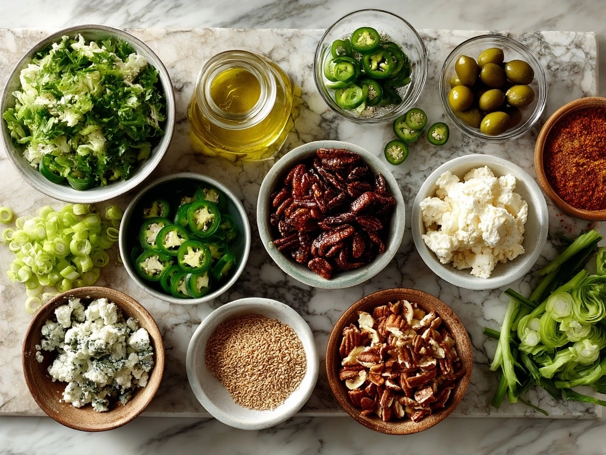 Ingredients for Jalapeno Poppers Nourish Bowl laid out showing jalapenos, cream cheese, quinoa, black beans, cheddar cheese, avocado, and greens