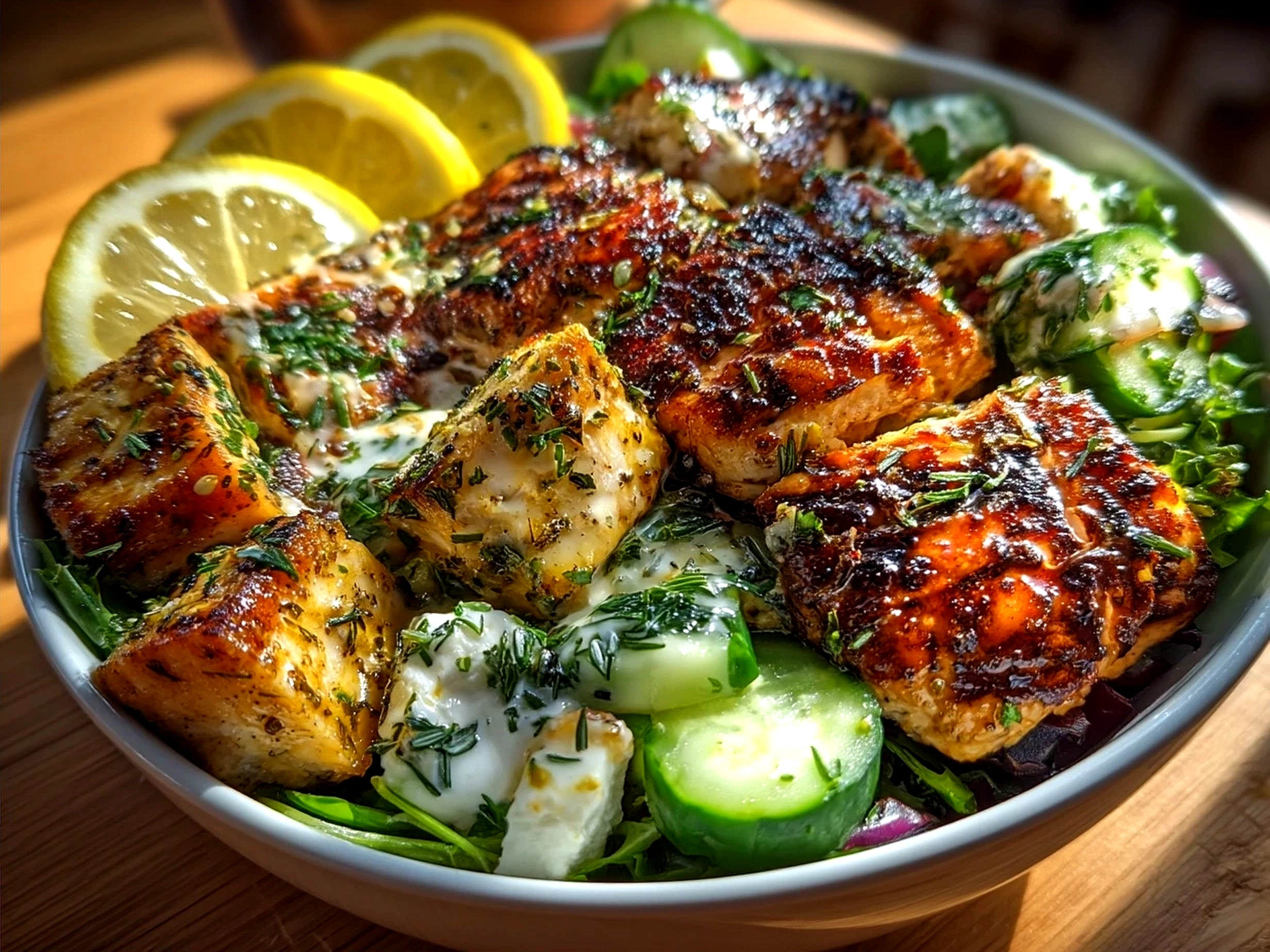 Freshly served Lemon-Herb Chicken Nourish Bowl with vibrant vegetables and sliced chicken
