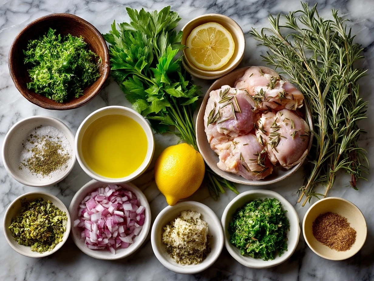 Ingredients laid out for Lemon-Herb Chicken Nourish Bowl including fresh herbs, chicken, lemon, and vegetables