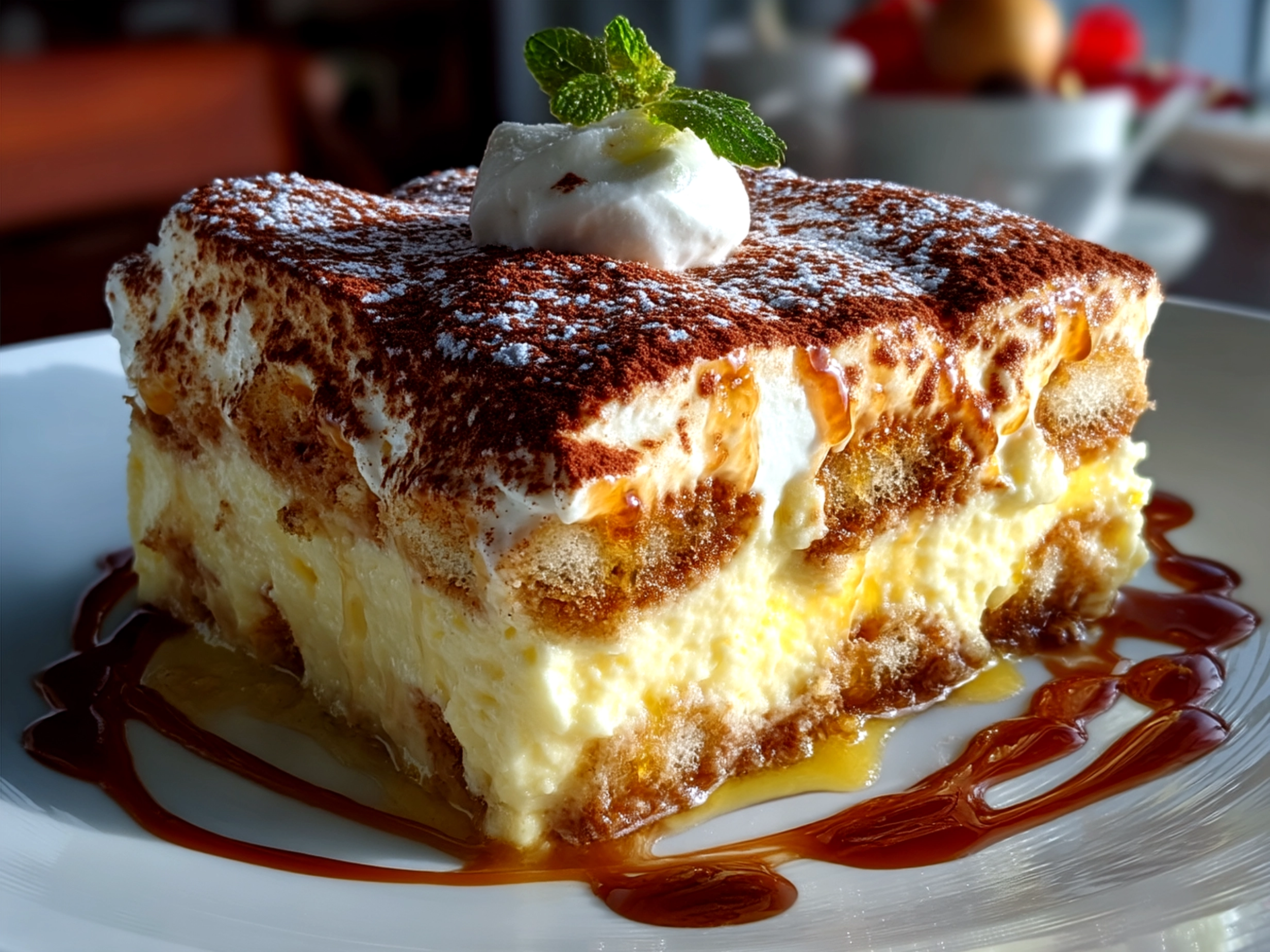 Finished Limoncello Tiramisu served on a plate with a dusting of lemon zest and powdered sugar