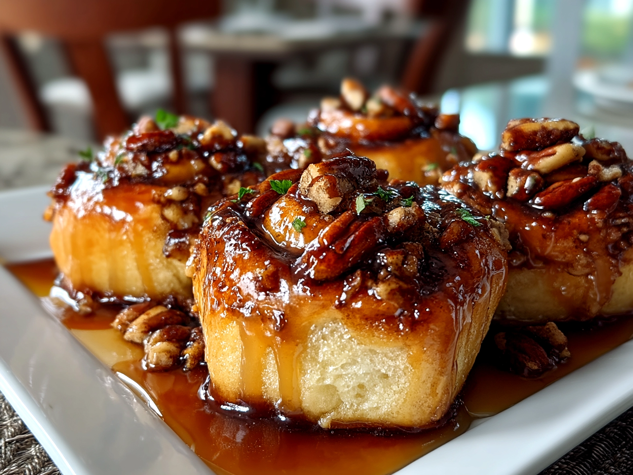 Plate of freshly baked maple pecan sticky buns drizzled with maple glaze